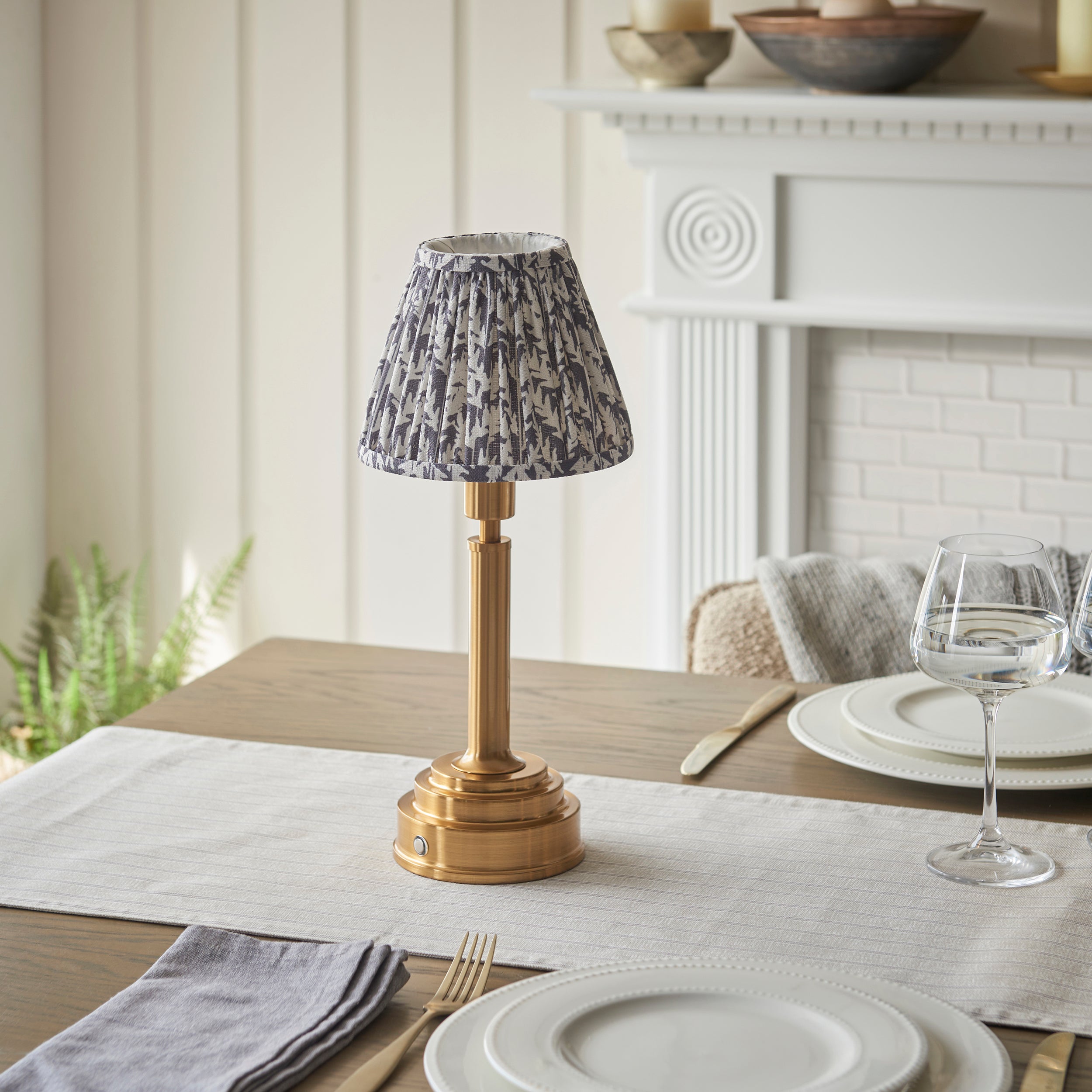 Endon Upton Rechargeable Table Lamp & Leaf 16cm Pearl Grey Shade