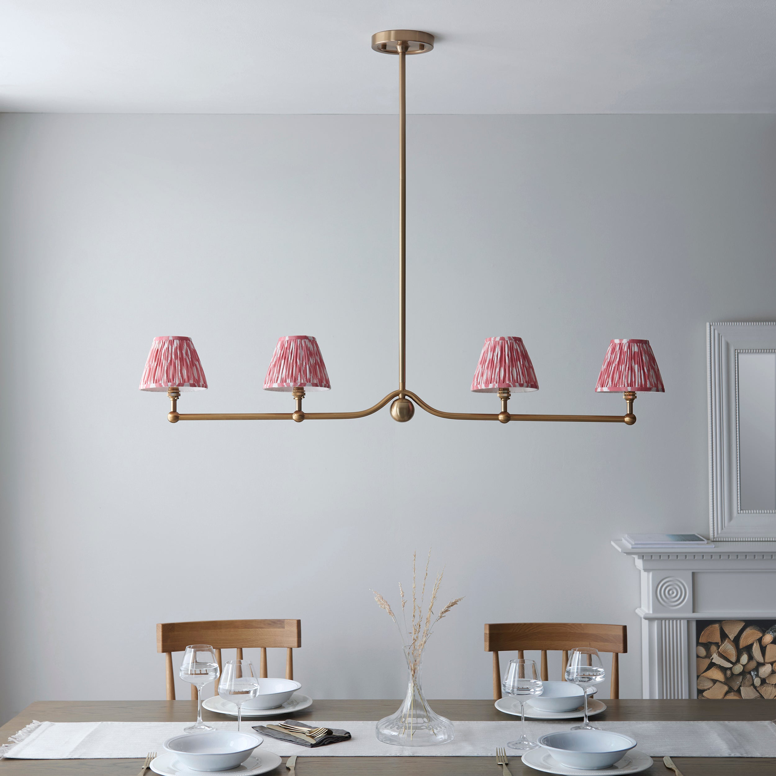 Endon Santiago Linear Brushed Aged Brass 4 Light Pendant & Ikat 16cm Coral Pink Shade