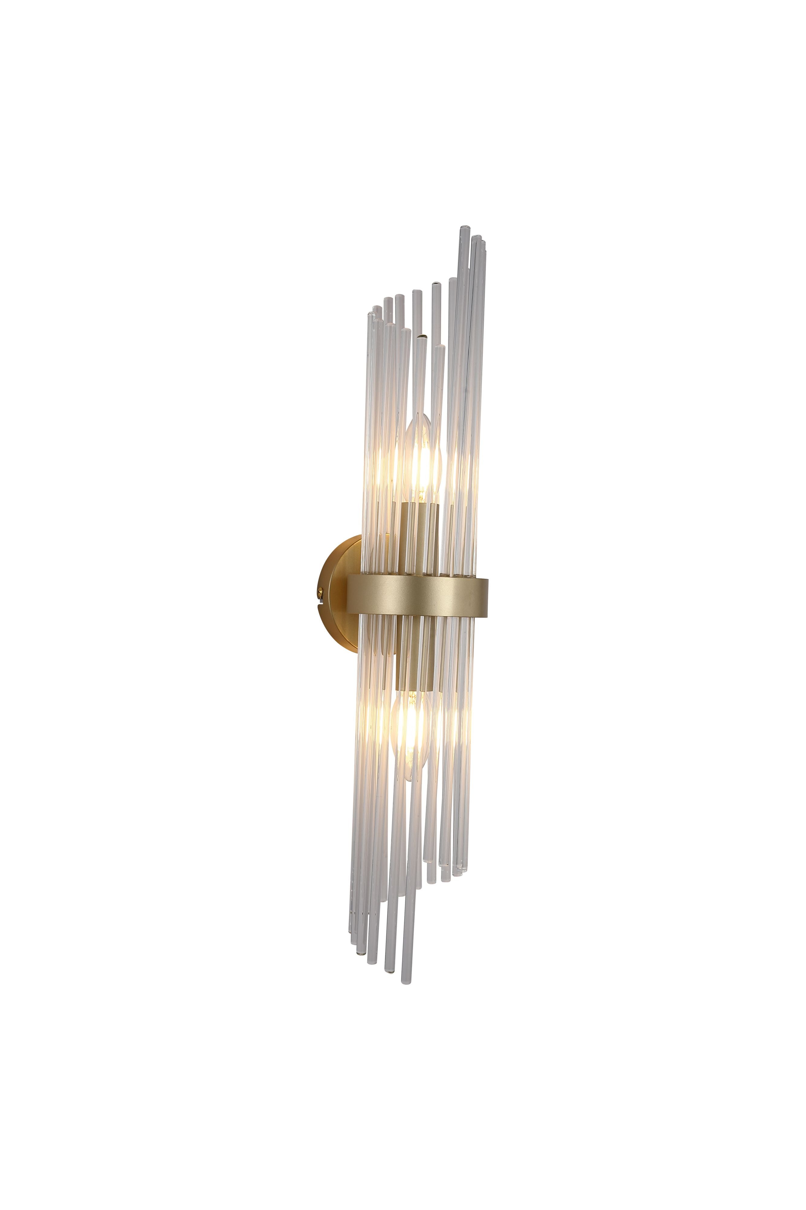 Searchlight Lara 2 light wall light in gold with clear glass rods, studio shot with both candle bulbs lit and rods fanning outward