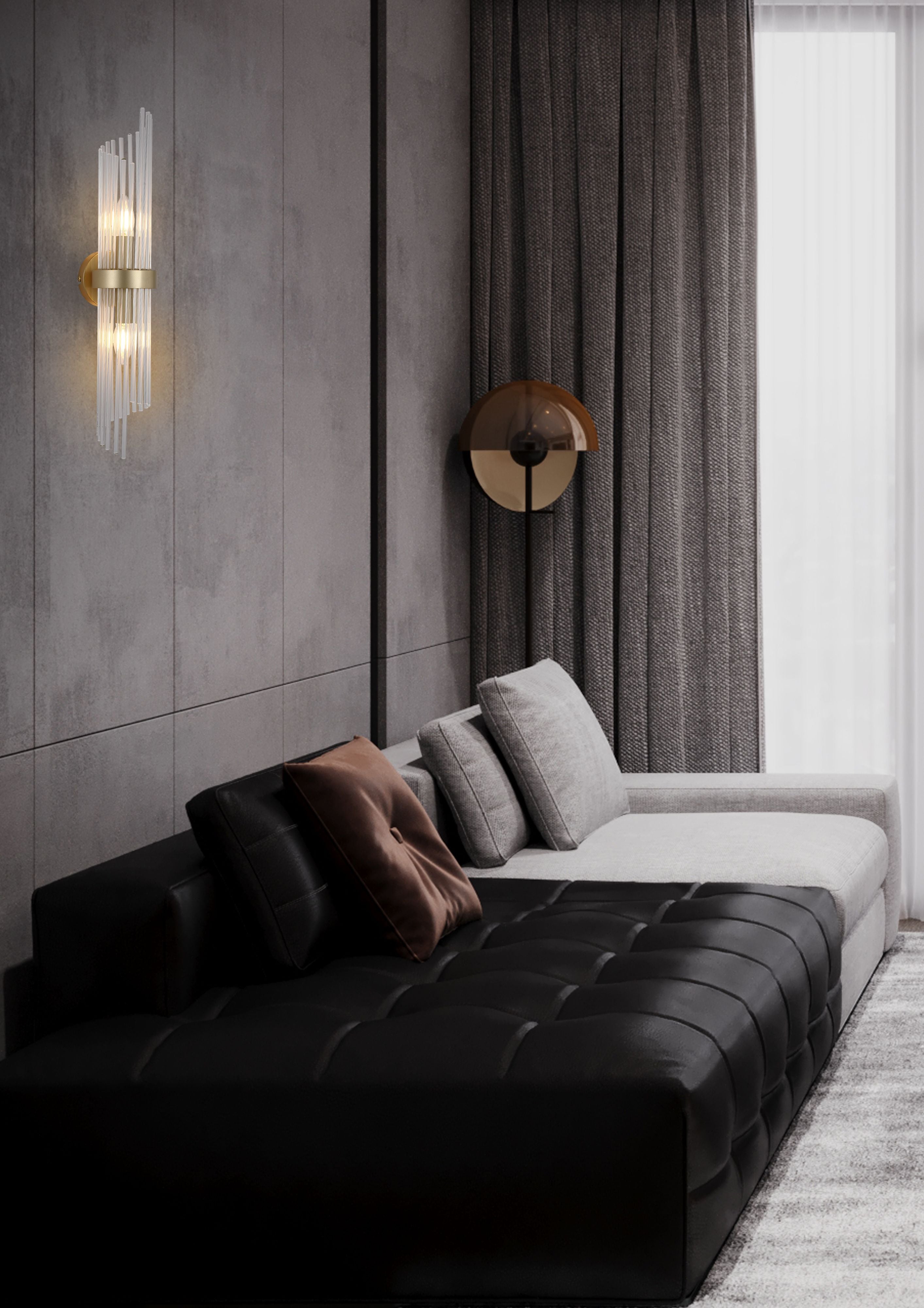 Searchlight Lara 2 light wall light styled on a grey panelled wall above a black tufted sofa, glass rods catching the light