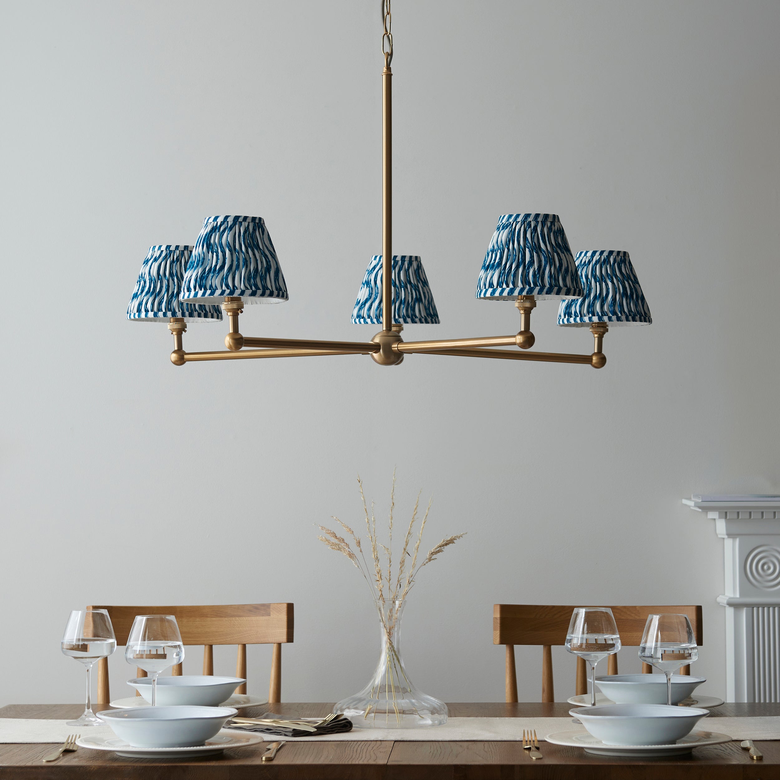 Endon Santiago Brushed Aged Brass 5 Light Pendant & Ripple 16cm Marlin Blue Shade