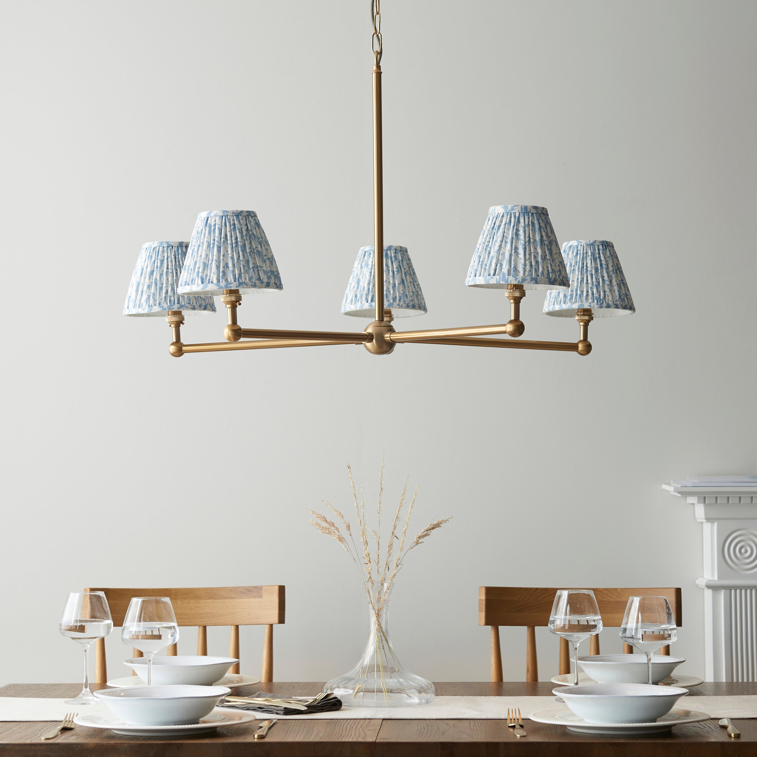 Endon Santiago Brushed Aged Brass 5 Light Pendant & Leaf 16cm Shell Bay Blue Shade