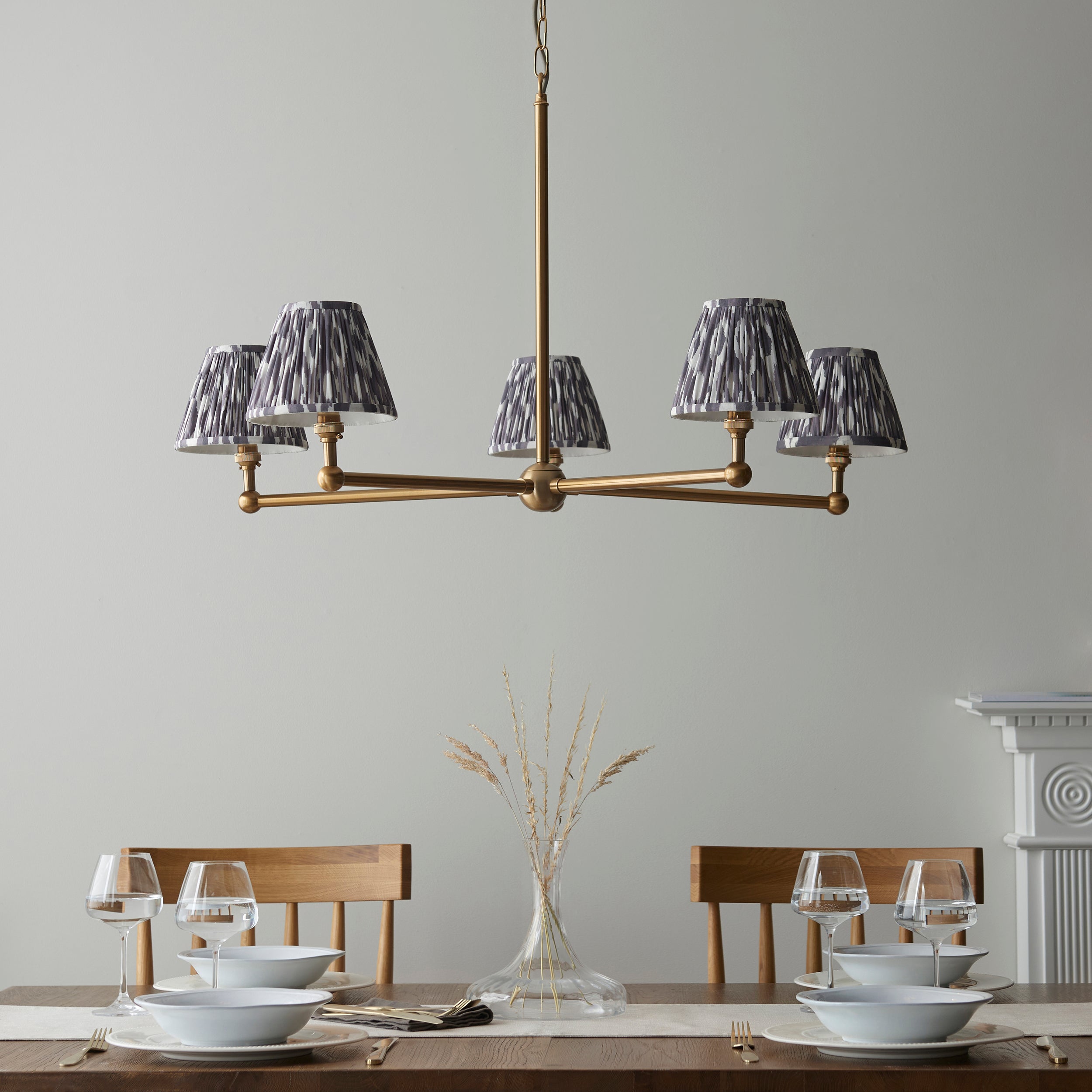 Endon Santiago Brushed Aged Brass 5 Light Pendant & Ikat 16cm Pearl Grey Shade