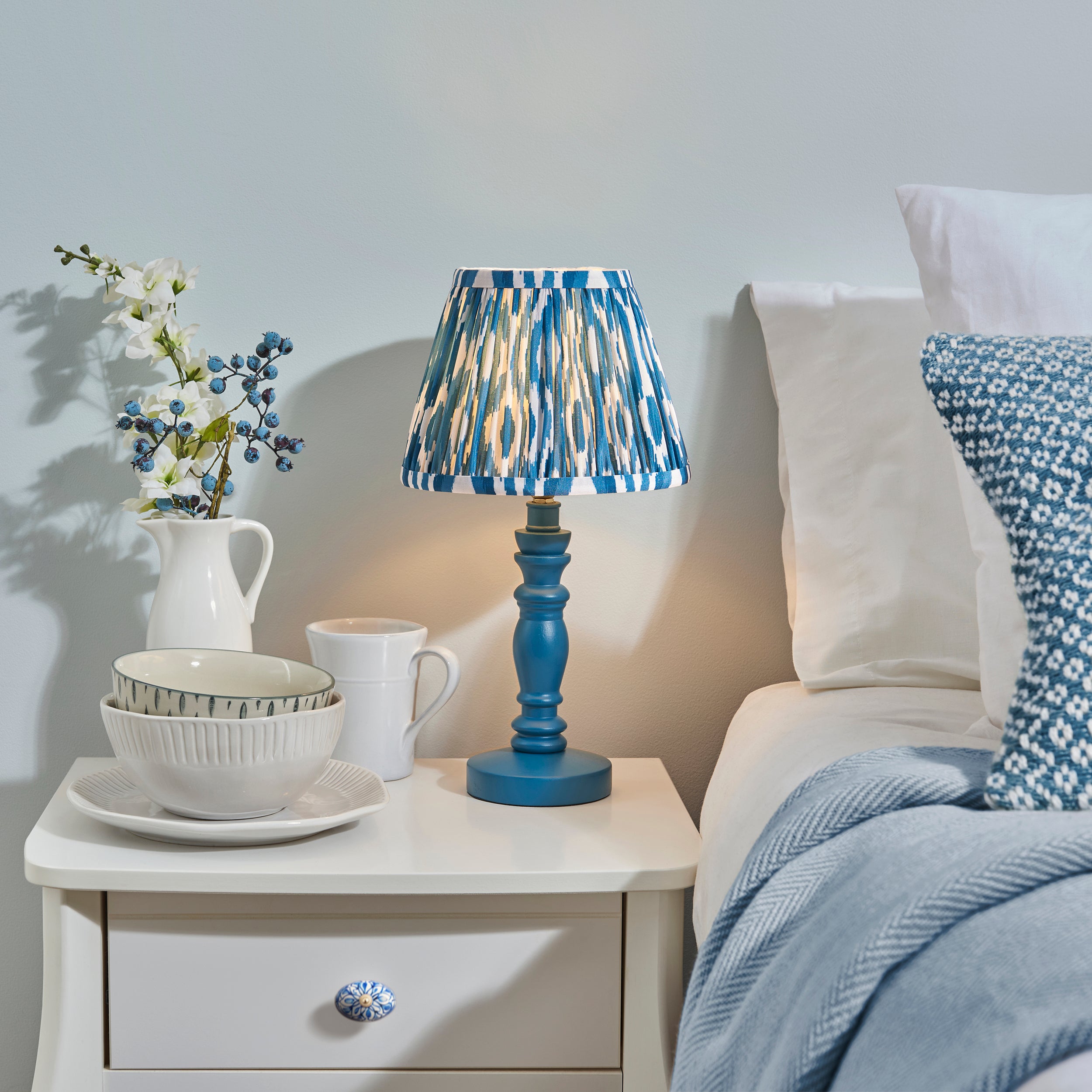 Endon Bibury Satin Marlin Blue Table Lamp & Ikat 20cm Marlin Blue Shade
