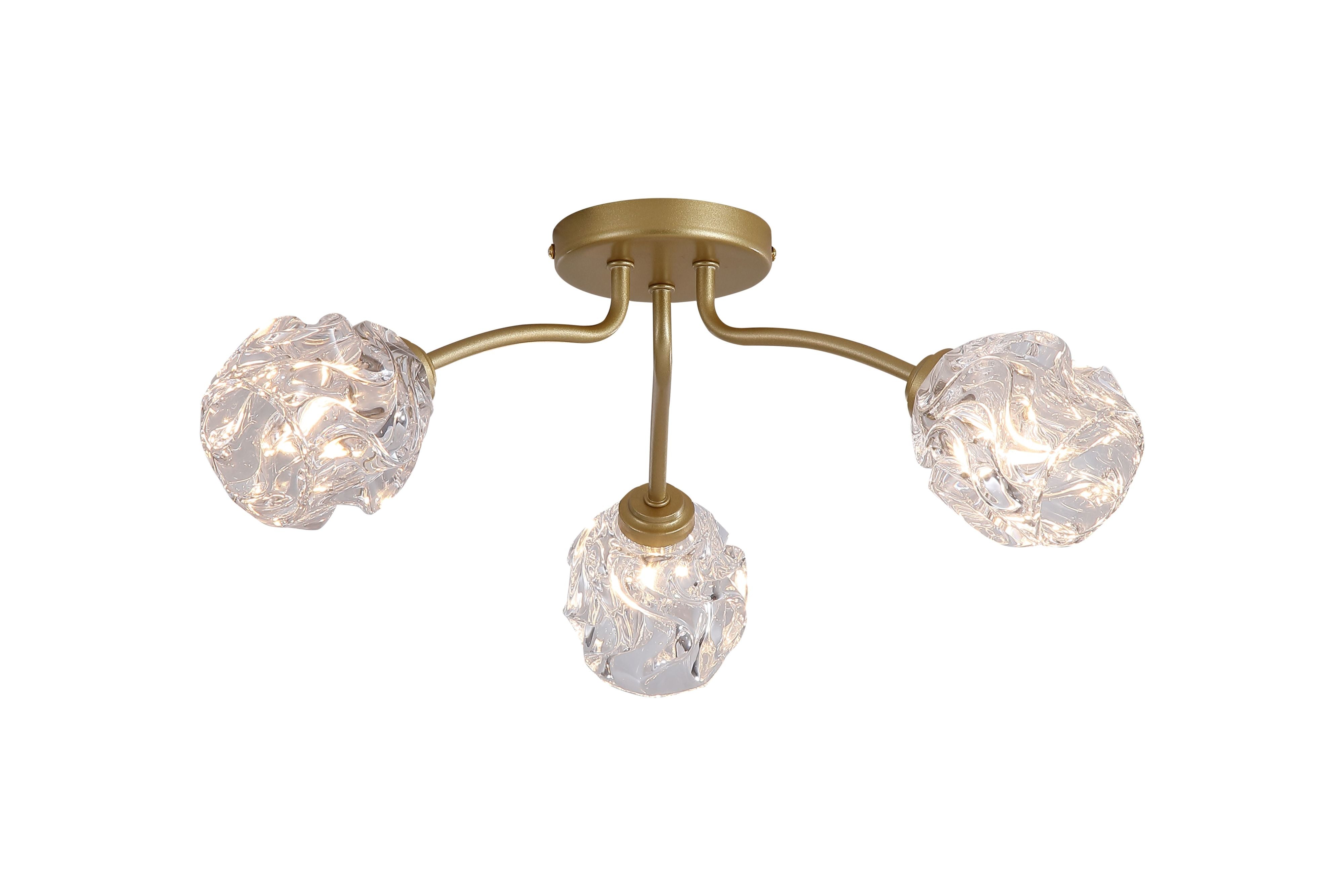 Searchlight Astral 3 light flush ceiling light in soft gold with three crumpled clear glass shades, angled studio shot with bulbs lit