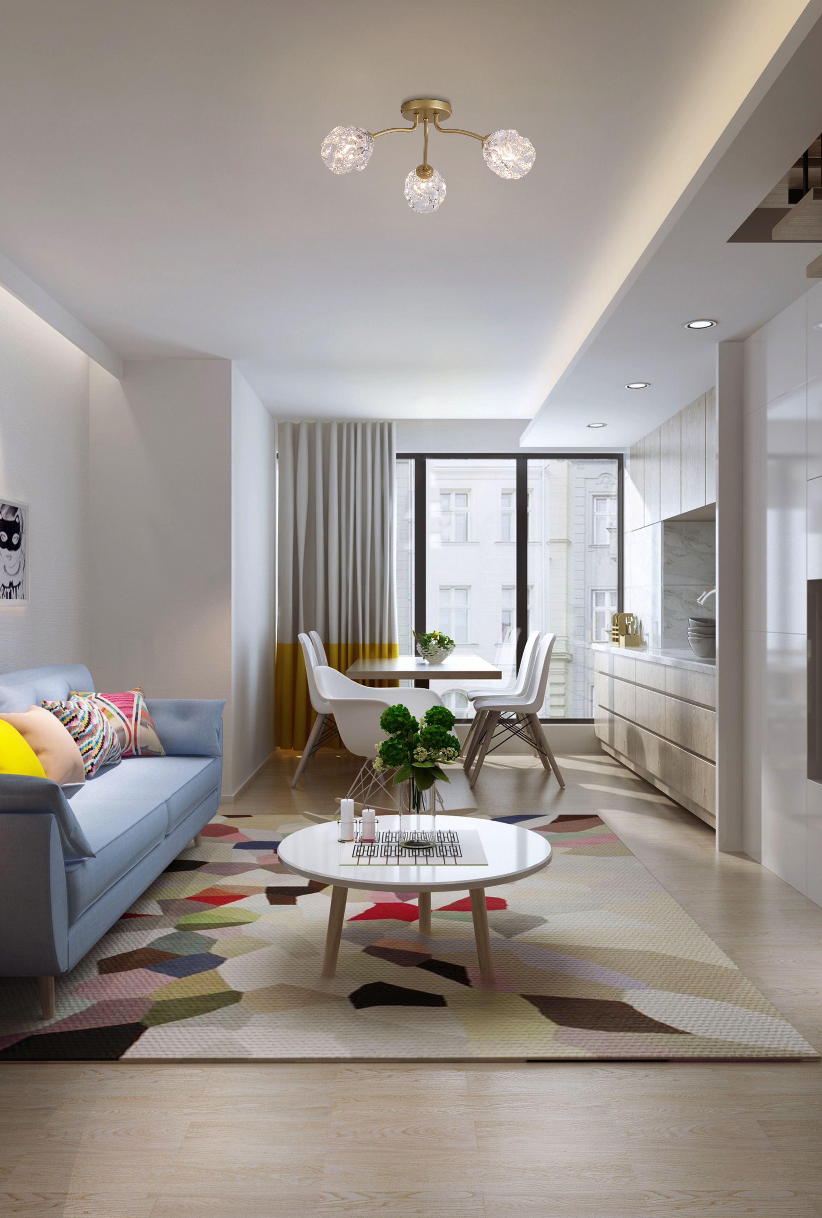 Searchlight Astral 3 light flush ceiling light in soft gold styled above a round coffee table in an open plan living and dining room