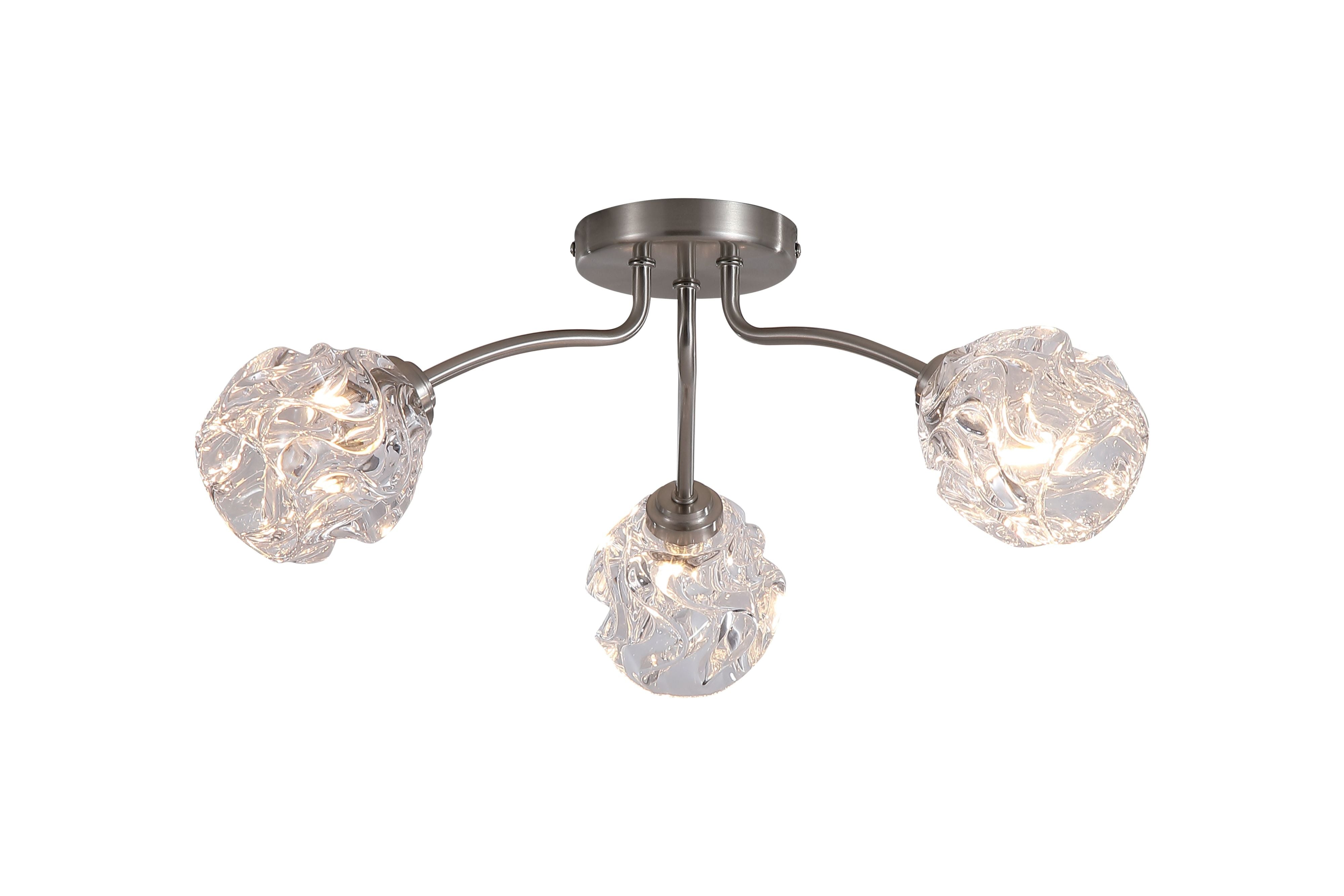 Searchlight Astral 3 light flush ceiling light in satin nickel with three crumpled clear glass shades, angled studio shot with bulbs lit