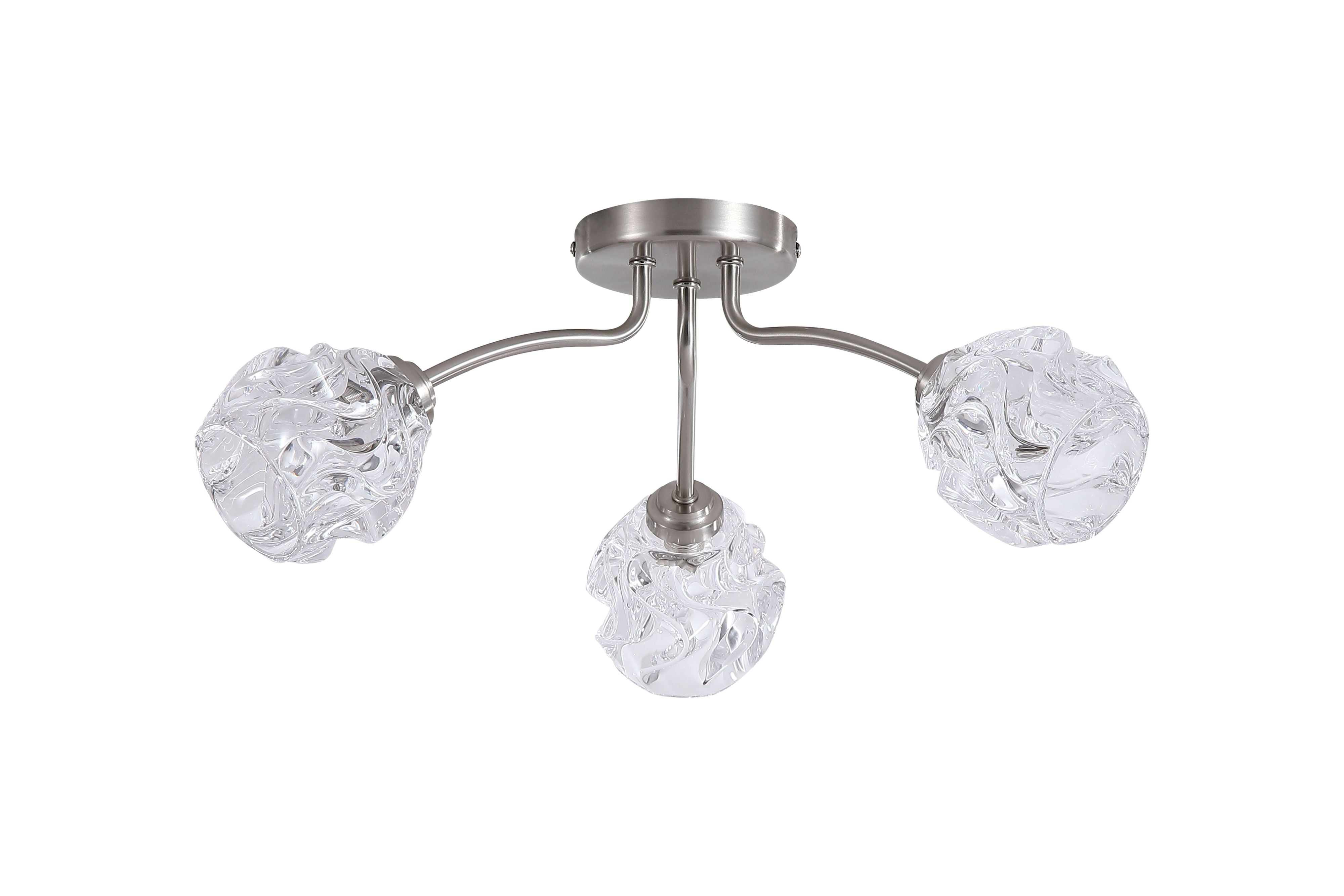 Searchlight Astral 3 light flush ceiling light in satin nickel, alternate angle studio shot showing the three crumpled glass shades