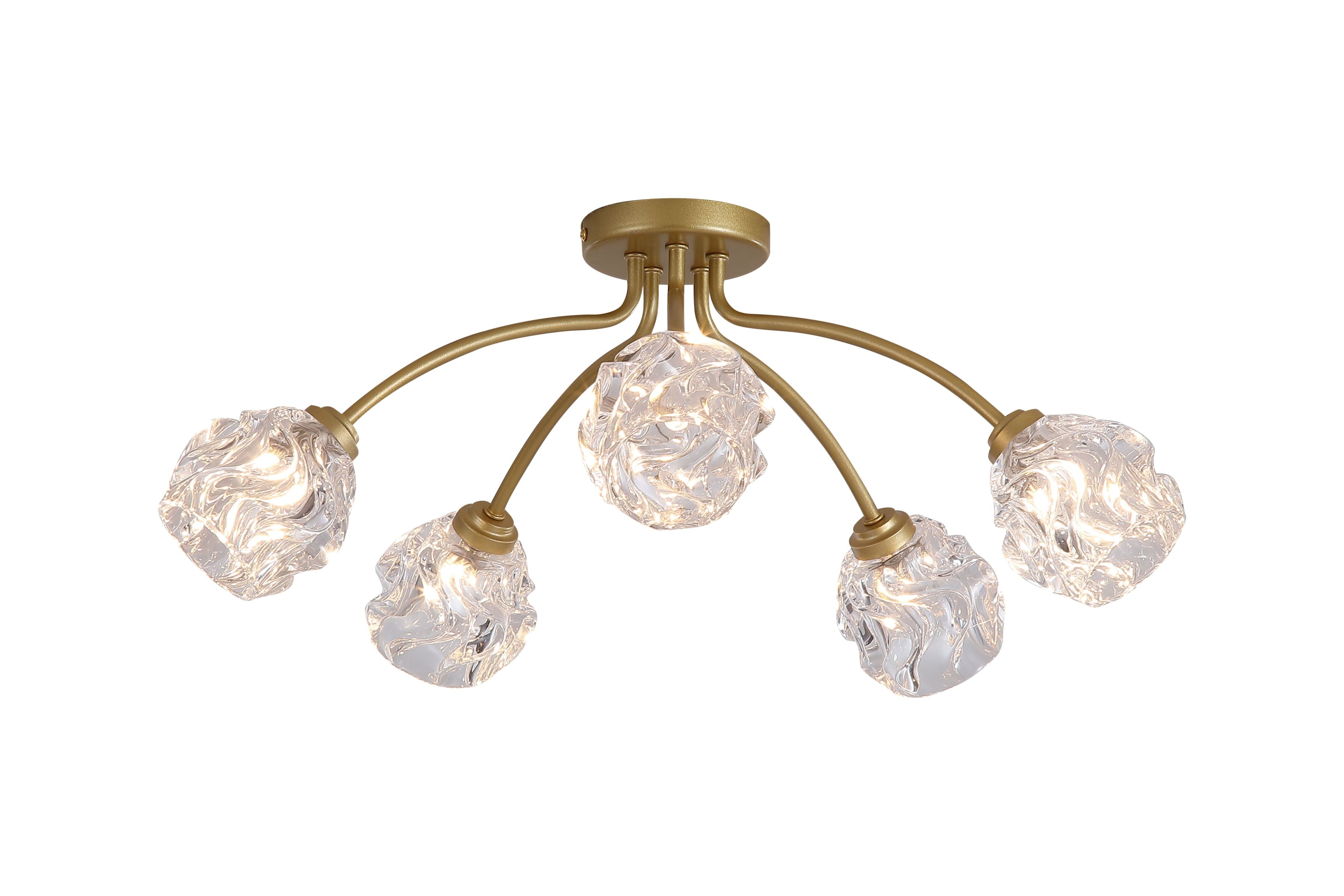 Searchlight Astral 5 Light Flush in gold, front view on a white background showing all five crumpled glass shades lit
