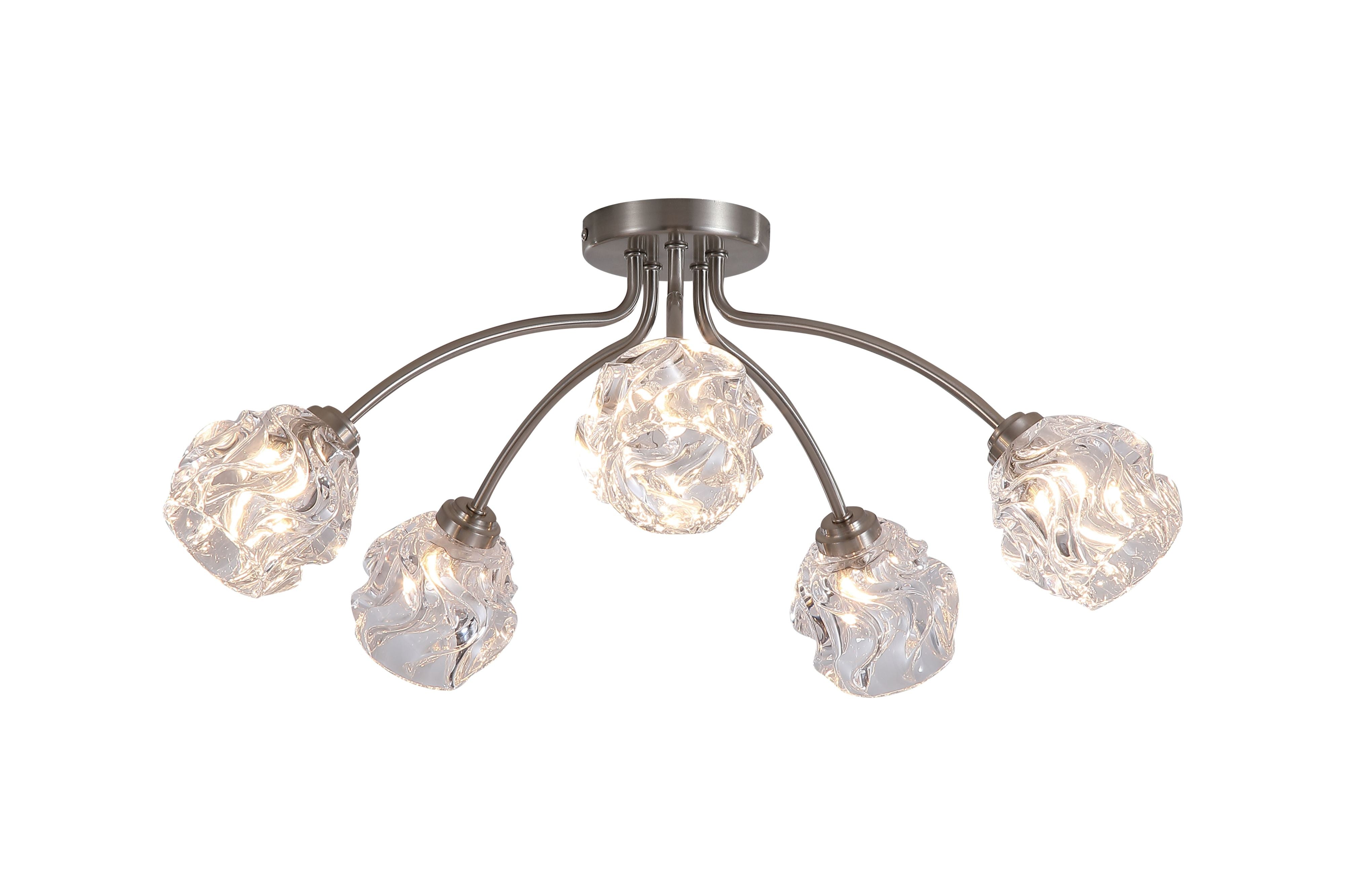 Searchlight Astral 5 Light Flush in satin nickel, front view on a white background showing all five crumpled glass shades lit