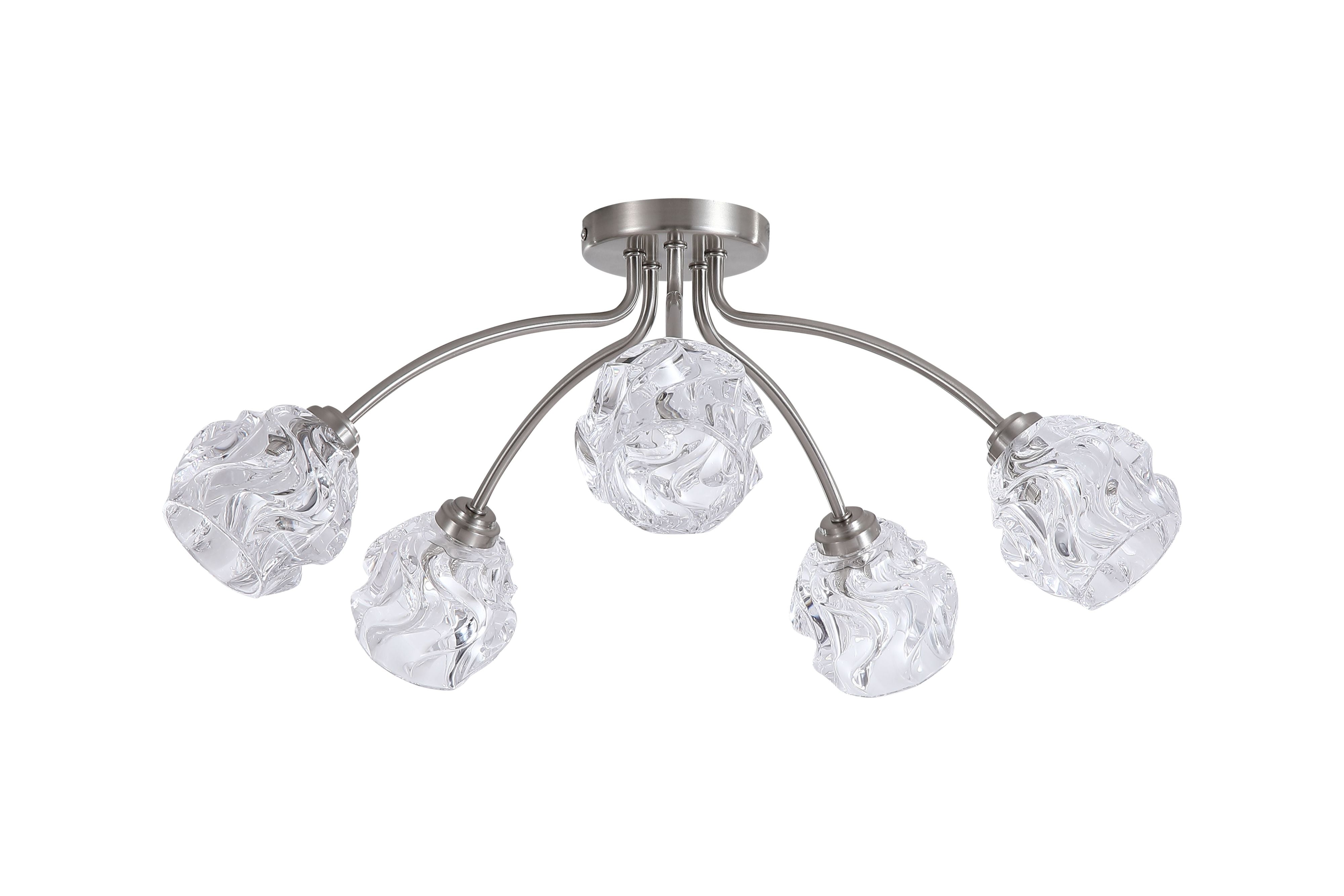 Searchlight Astral 5 Light Flush in satin nickel, straight on view showing the spread of the five arms