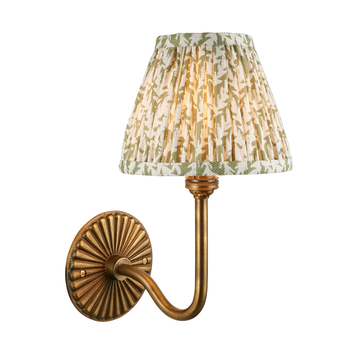 Endon Dahlia Swan wall light in antique brass with 16cm green leaf pleated shade, lit, cut out on a white background