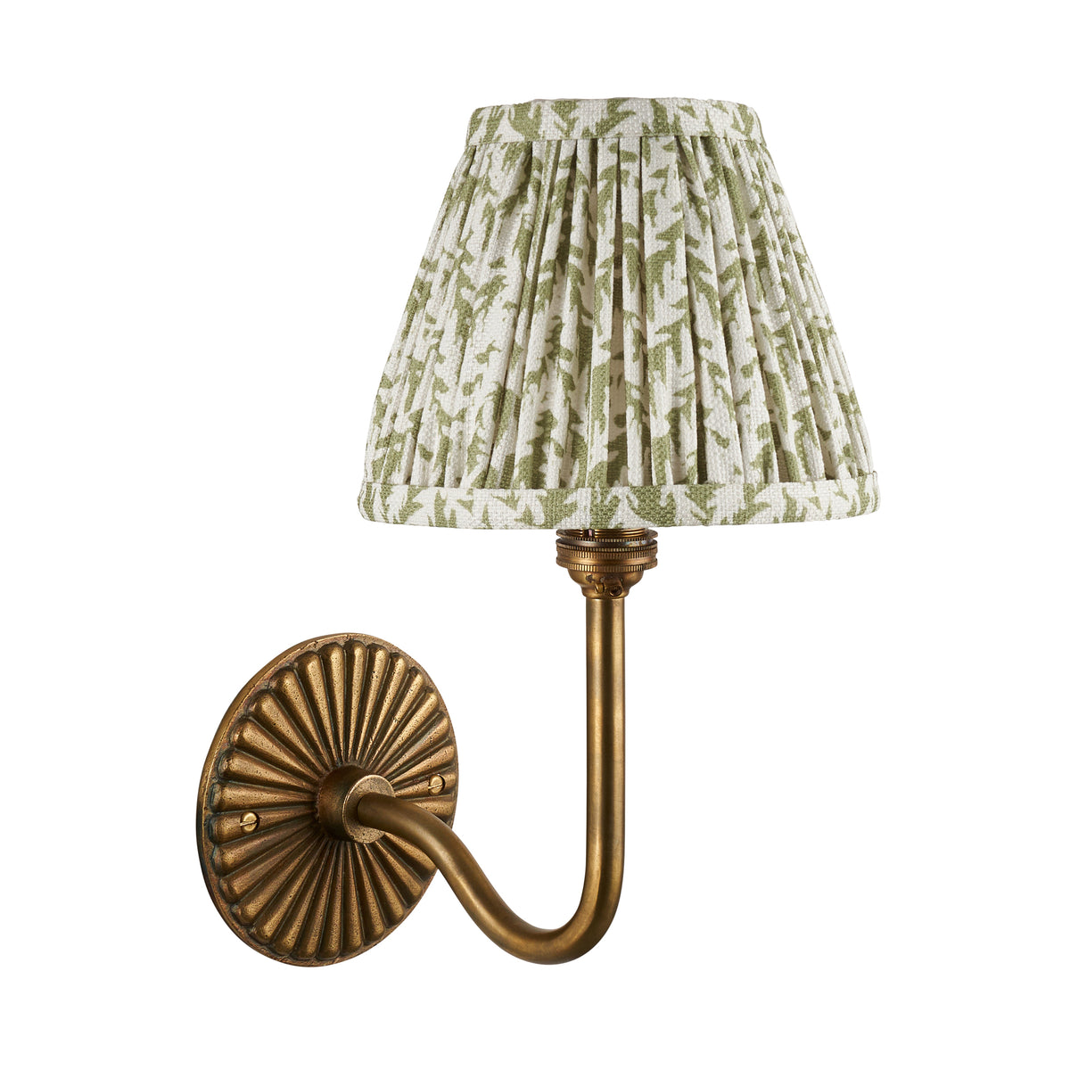 Endon Dahlia Swan wall light in antique brass with 16cm green leaf pleated shade, switched off, cut out on a white background