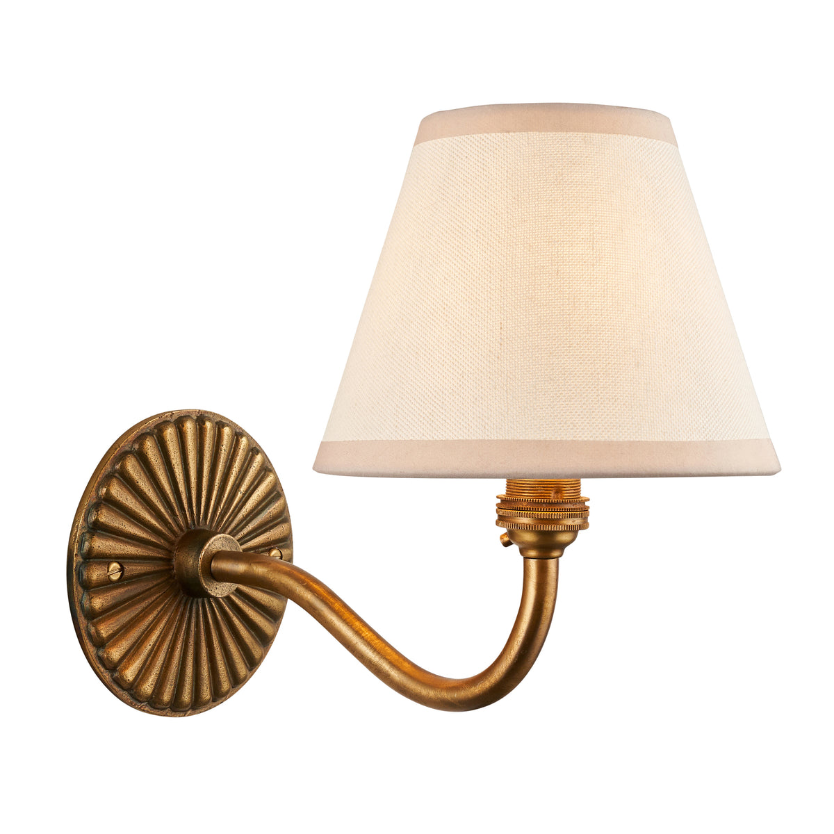 Endon Dahlia Curve wall light in antique brass with vintage white Ivy fabric shade, unlit, cut out on a white background