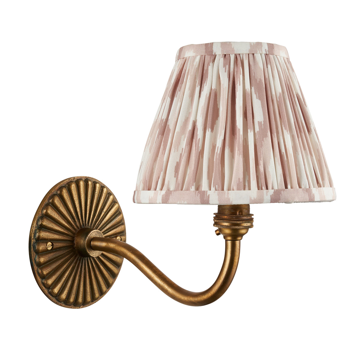 Endon Dahlia Curve wall light in antique brass with pink and white ikat shade, unlit, cut out on white