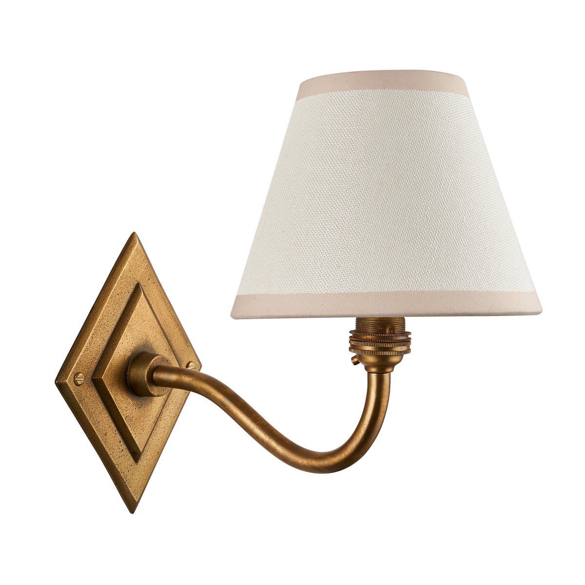 Endon Diamond Curve antique brass wall light with vintage white Ivy shade, unlit, product cut out showing the full fitting