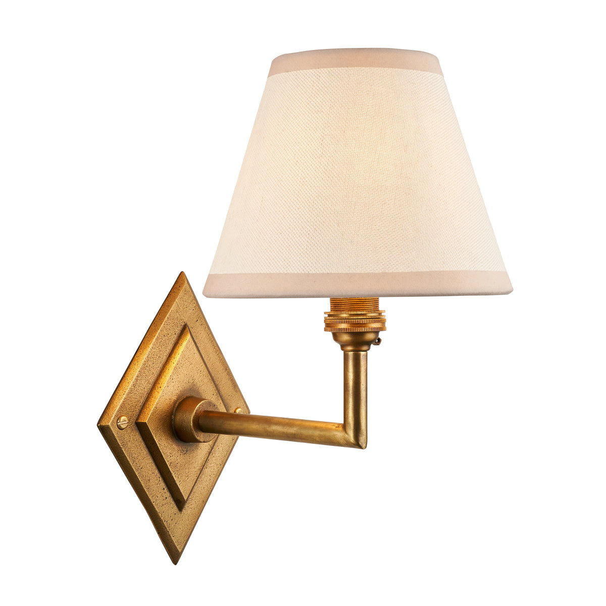 Endon Diamond Angle wall light in antique brass with vintage white Ivy shade, unlit, cut out on a white background