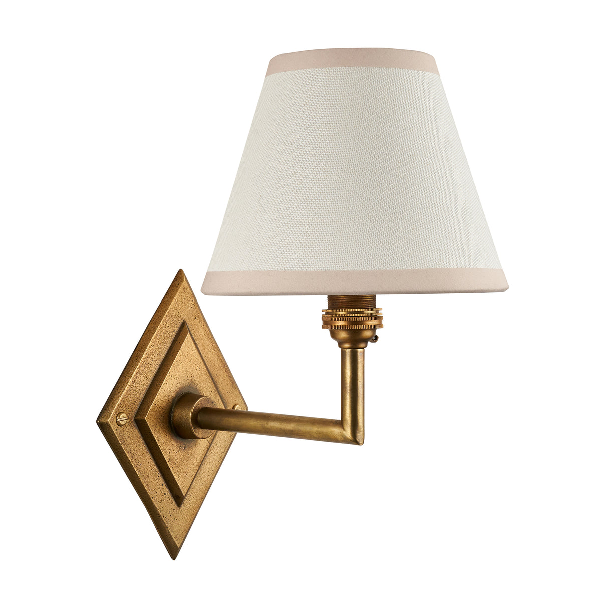 Endon Diamond Angle antique brass wall light with white Ivy shade on a white background, unlit, showing the brass lamp holder under the shade