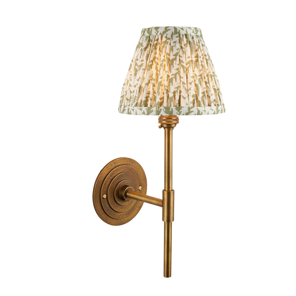 Endon Halo Tall wall light in antique brass with 16cm pleated herb garden green leaf shade, switched on, cut out on white