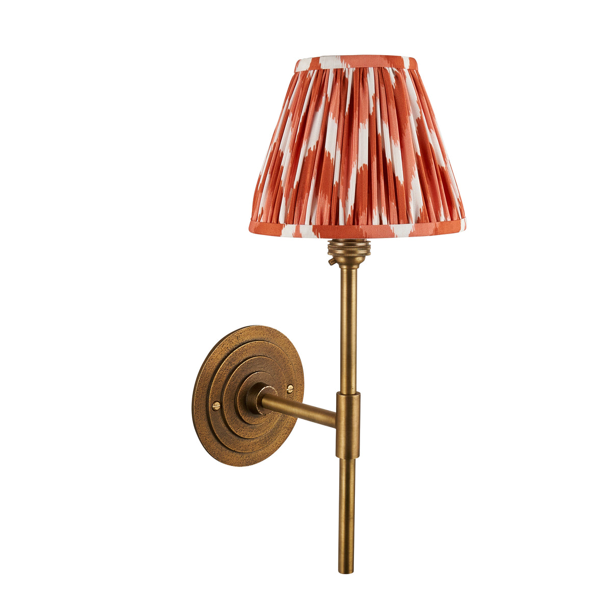 Endon Halo Tall antique brass wall light with apricot orange zigzag shade, product shot on white, light off