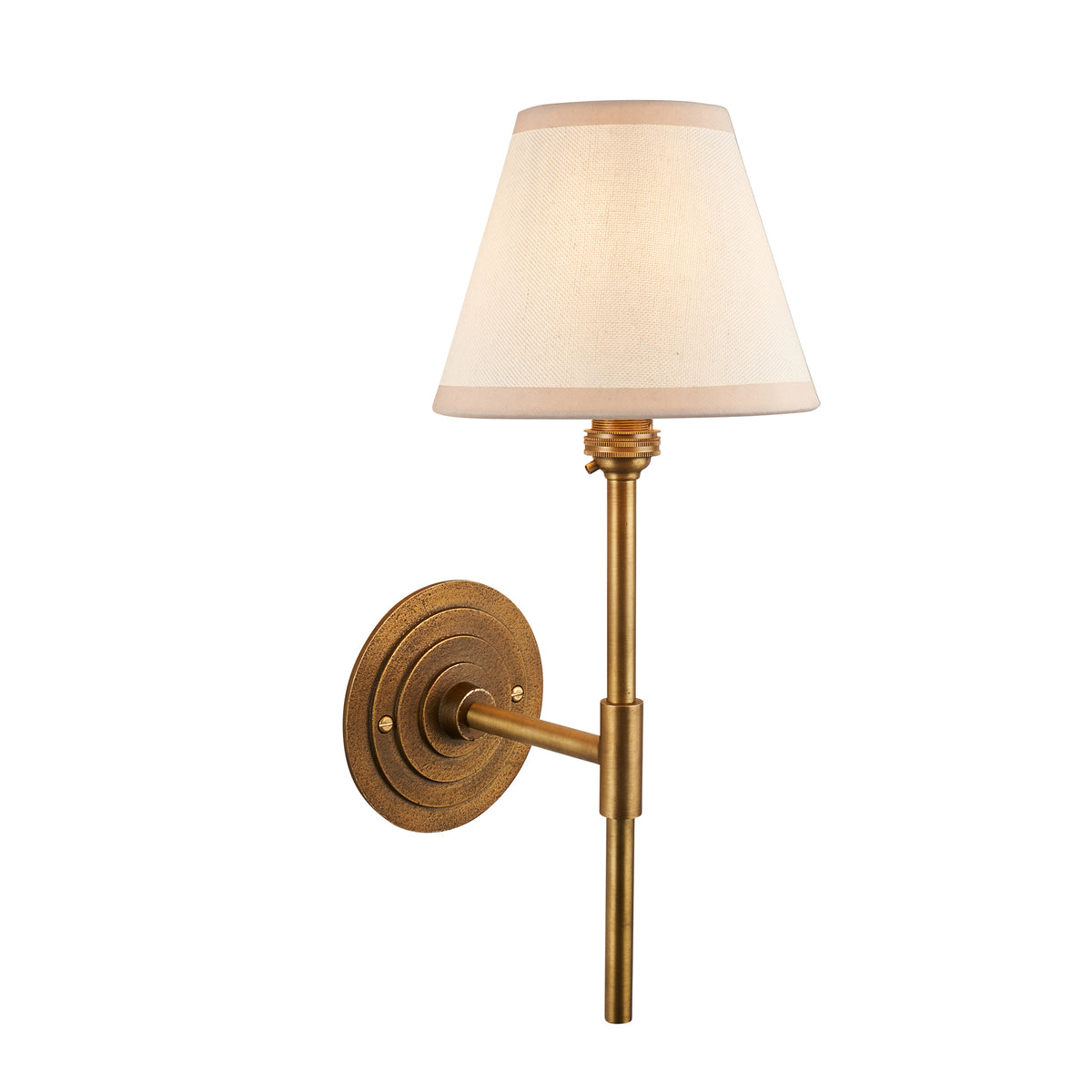 Endon Halo Tall wall light in antique brass with 16cm vintage white Ivy tapered shade, unlit, cut out on a white background
