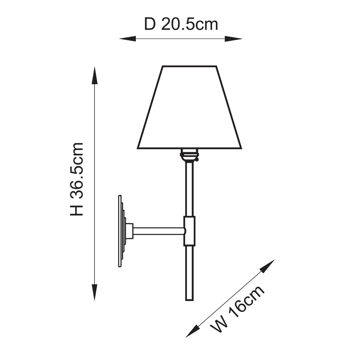 Dimension drawing of the Endon Halo Tall wall light showing 36.5cm height, 16cm width and 20.5cm projection