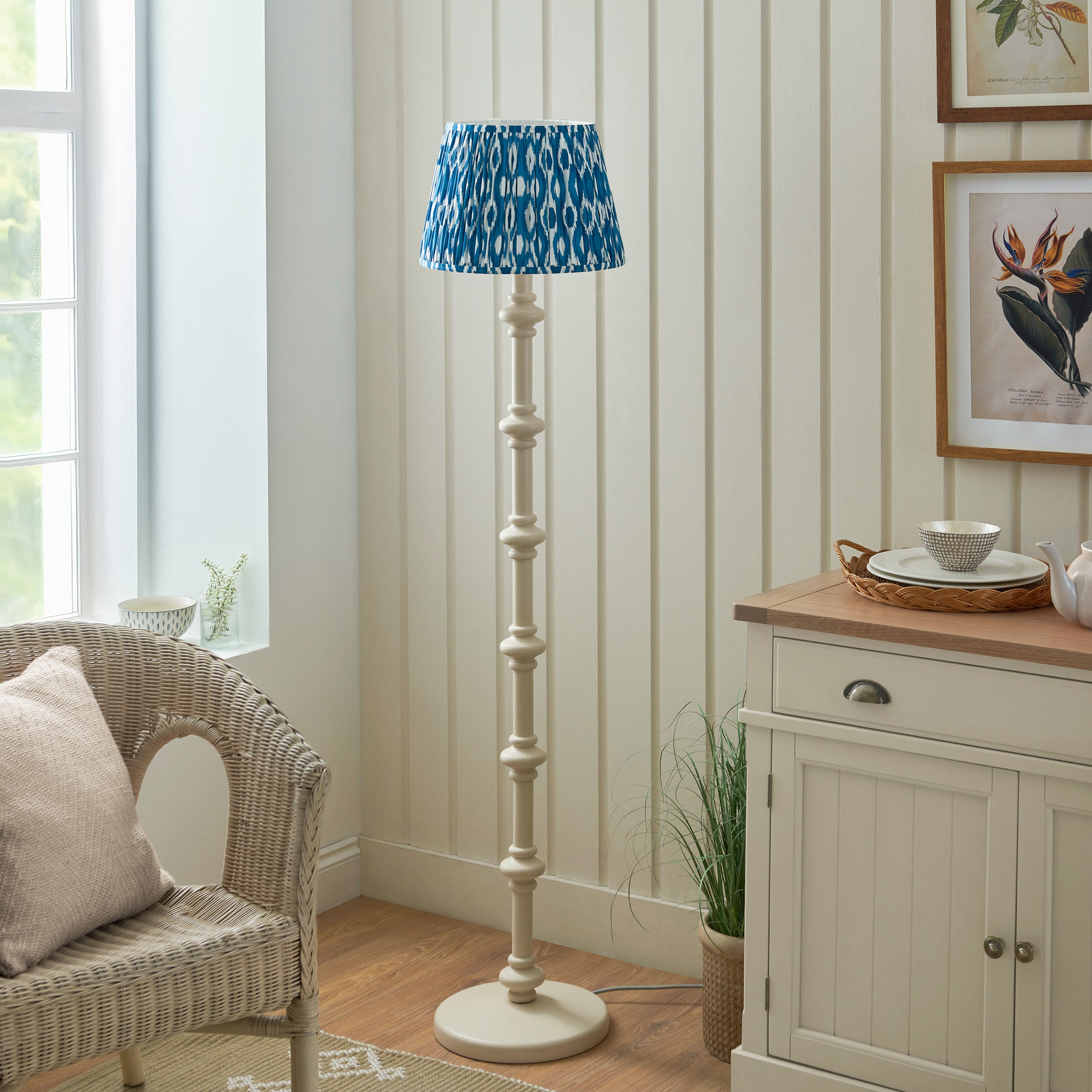 Endon Carnaby Satin Almond White Floor Lamp & Ikat 35cm Marlin Blue Shade