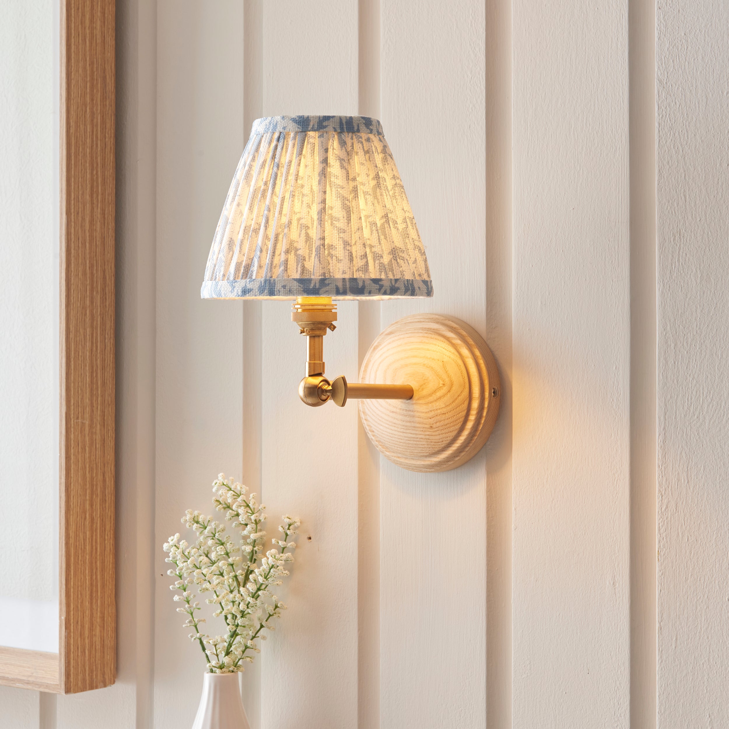 Endon Wood Wing Wall Light & Leaf 16cm Shell Bay Blue Shade