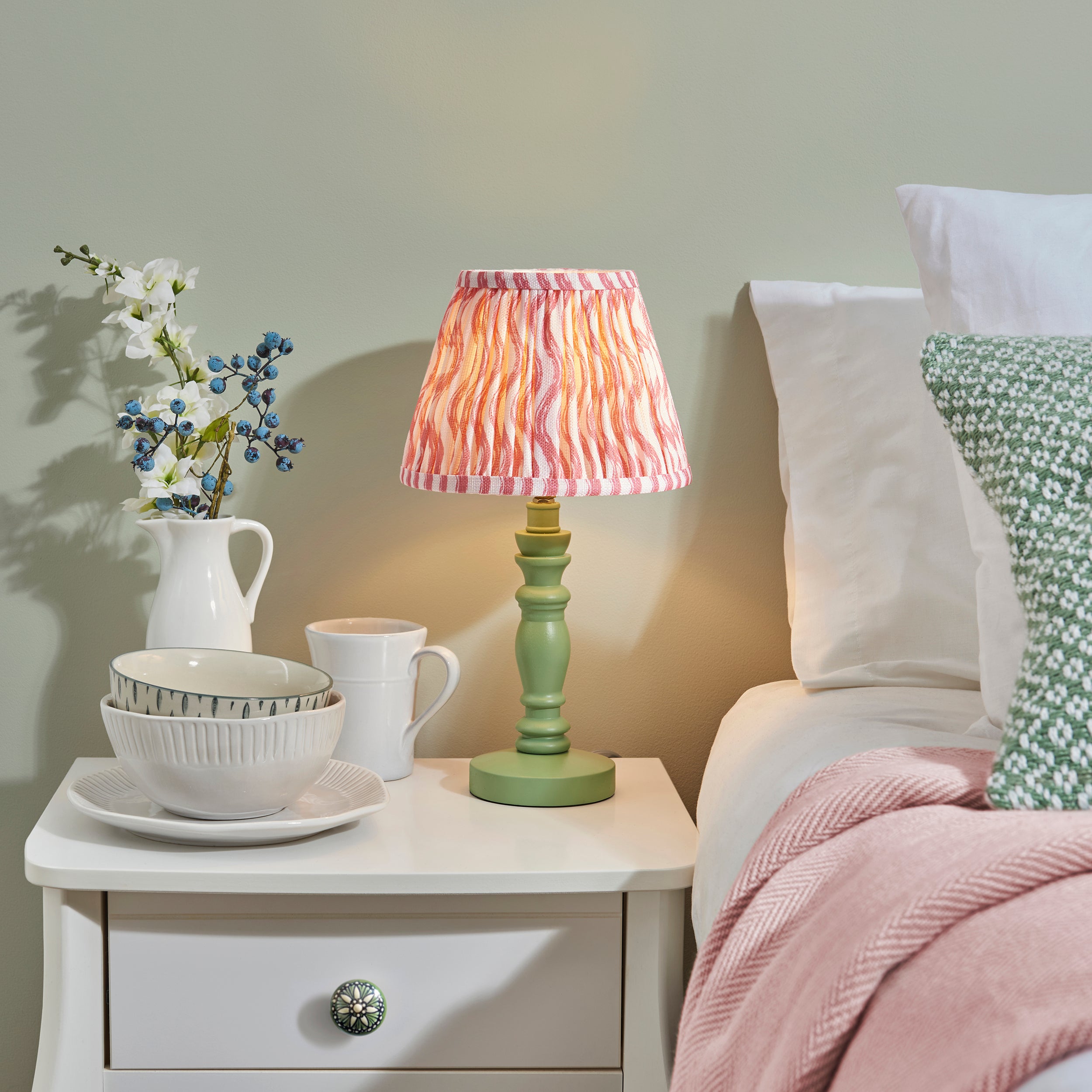 Endon Bibury Satin Cotswold Green Table Lamp & Ripple 20cm Coral Pink Shade