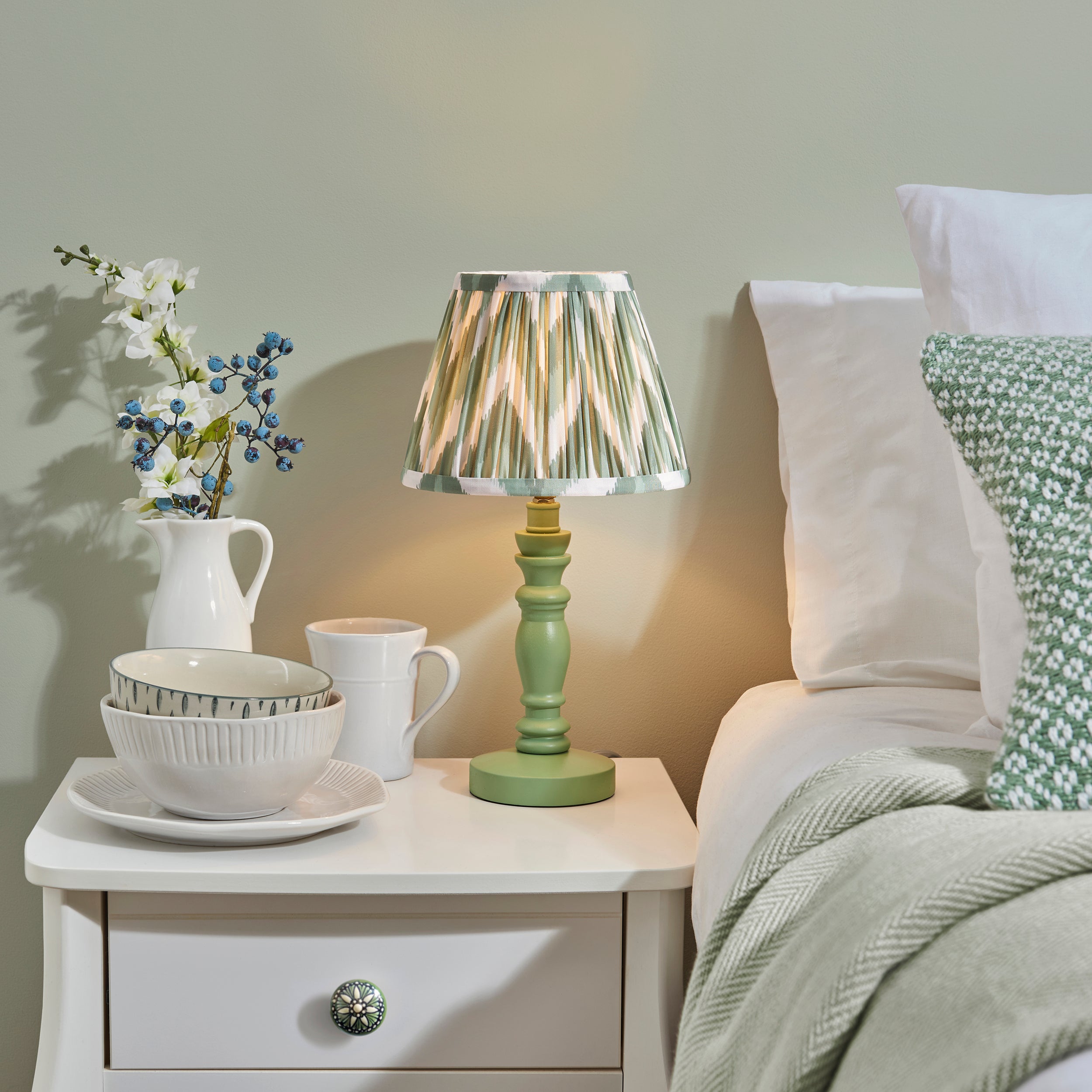 Endon Bibury Satin Cotswold Green Table Lamp & Zigzag 20cm Cotswold Green Shade