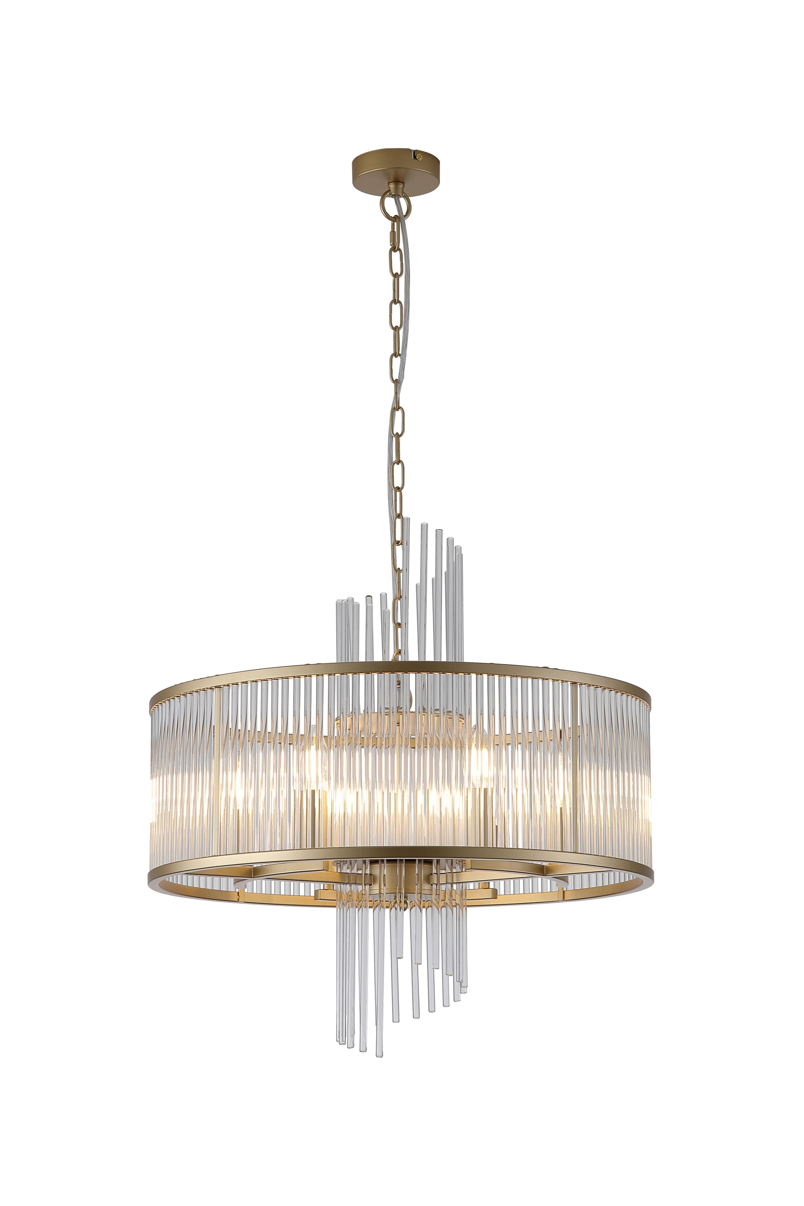 Searchlight Lara 6 light pendant in brushed gold with clear glass rods, studio front view showing the fringed glass rod drum shade lit from within