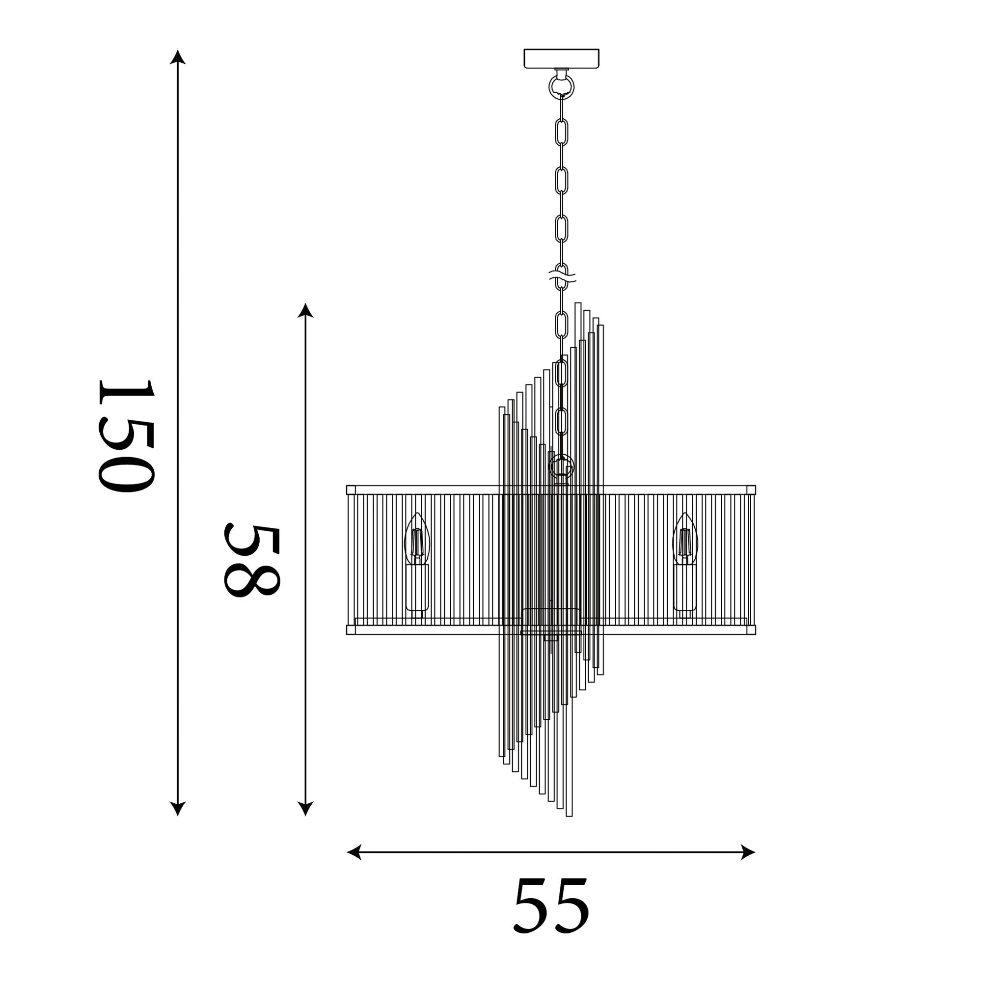 Technical drawing of the Searchlight Lara 6 light pendant showing 58cm height, 55cm width and a maximum drop of 150cm