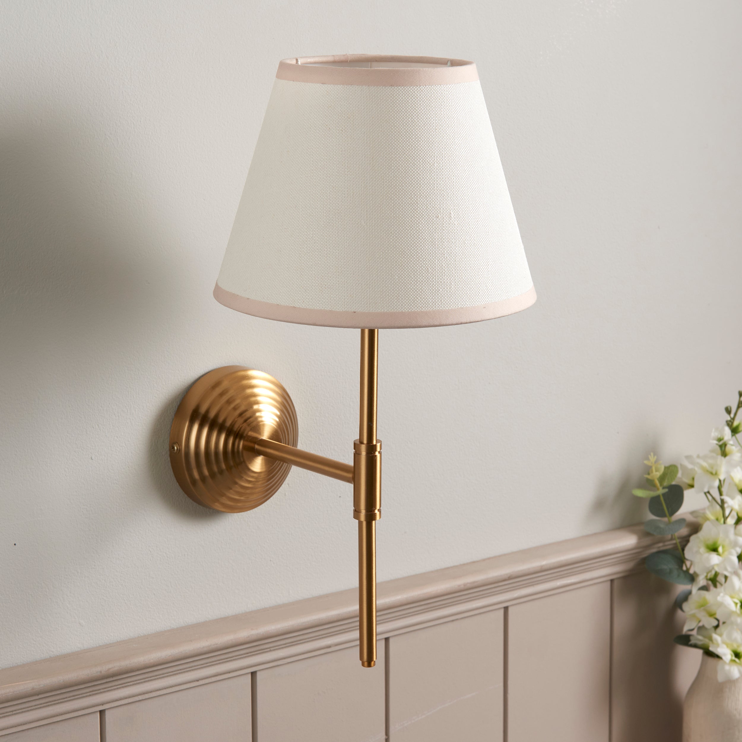 Endon Obelisk T Bar Wall Light & Ivy 20cm Vintage White Shade