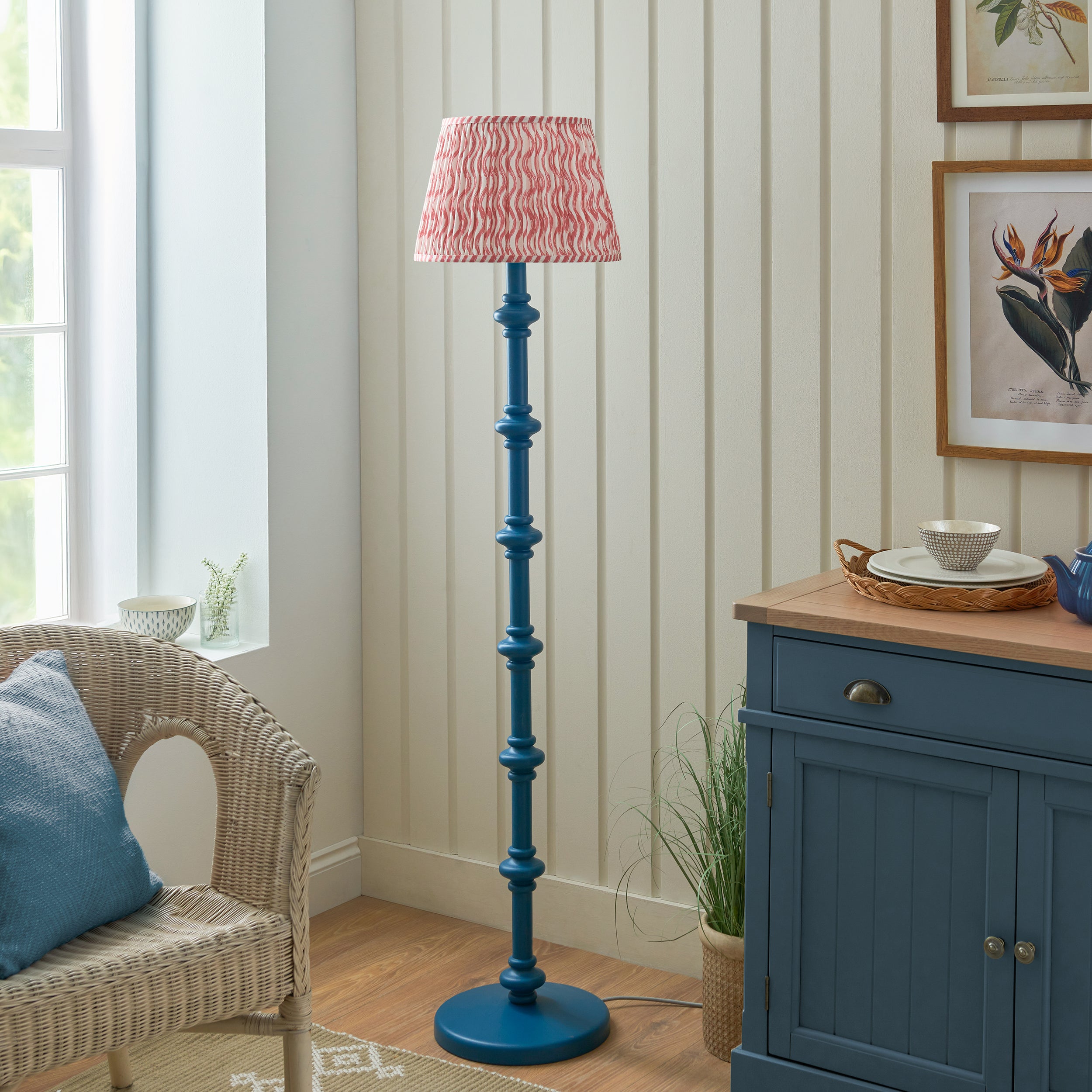 Endon Carnaby Satin Marlin Blue Floor Lamp & Ripple 35cm Coral Pink Shade