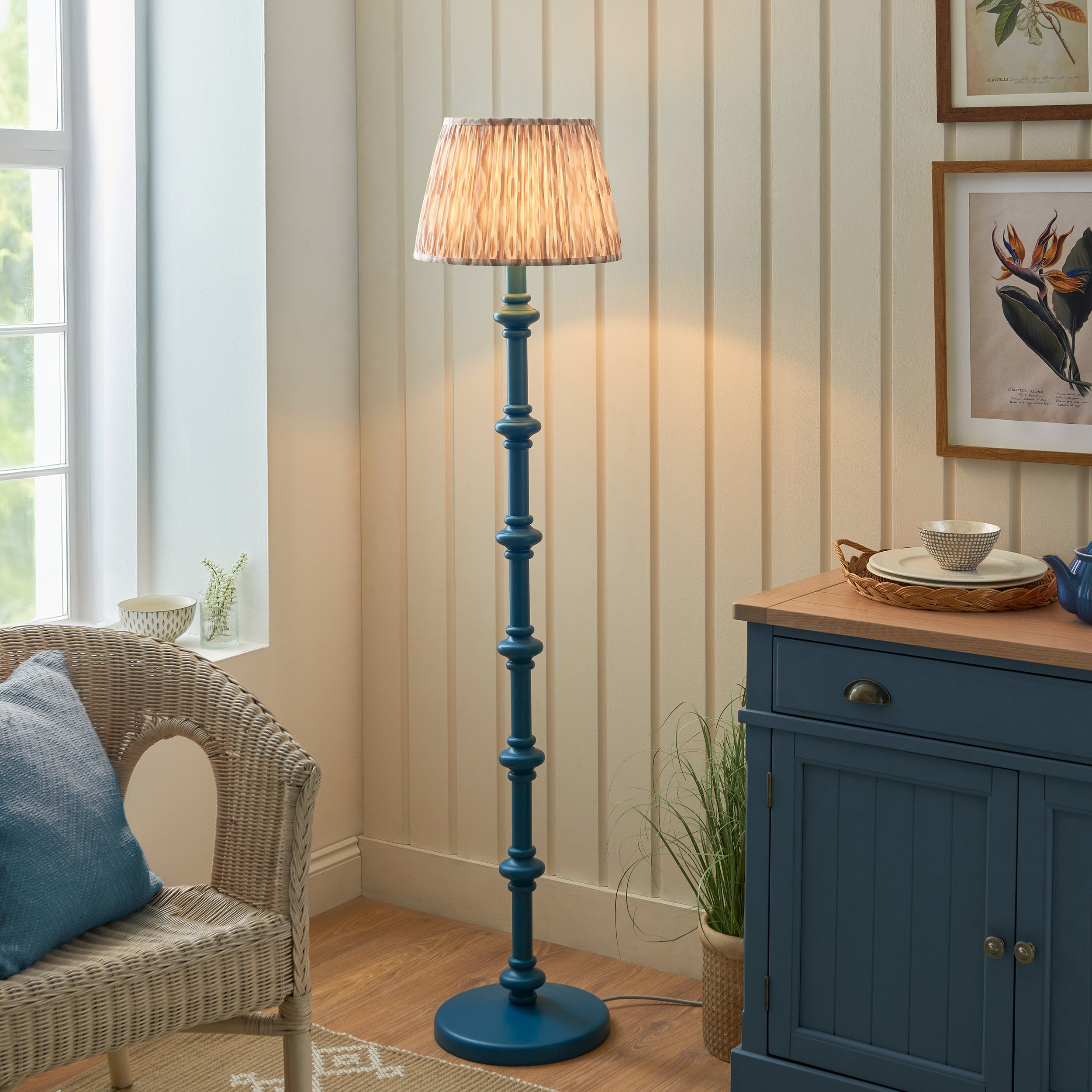 Endon Carnaby Satin Marlin Blue Floor Lamp & Ikat 35cm Neutral Shade