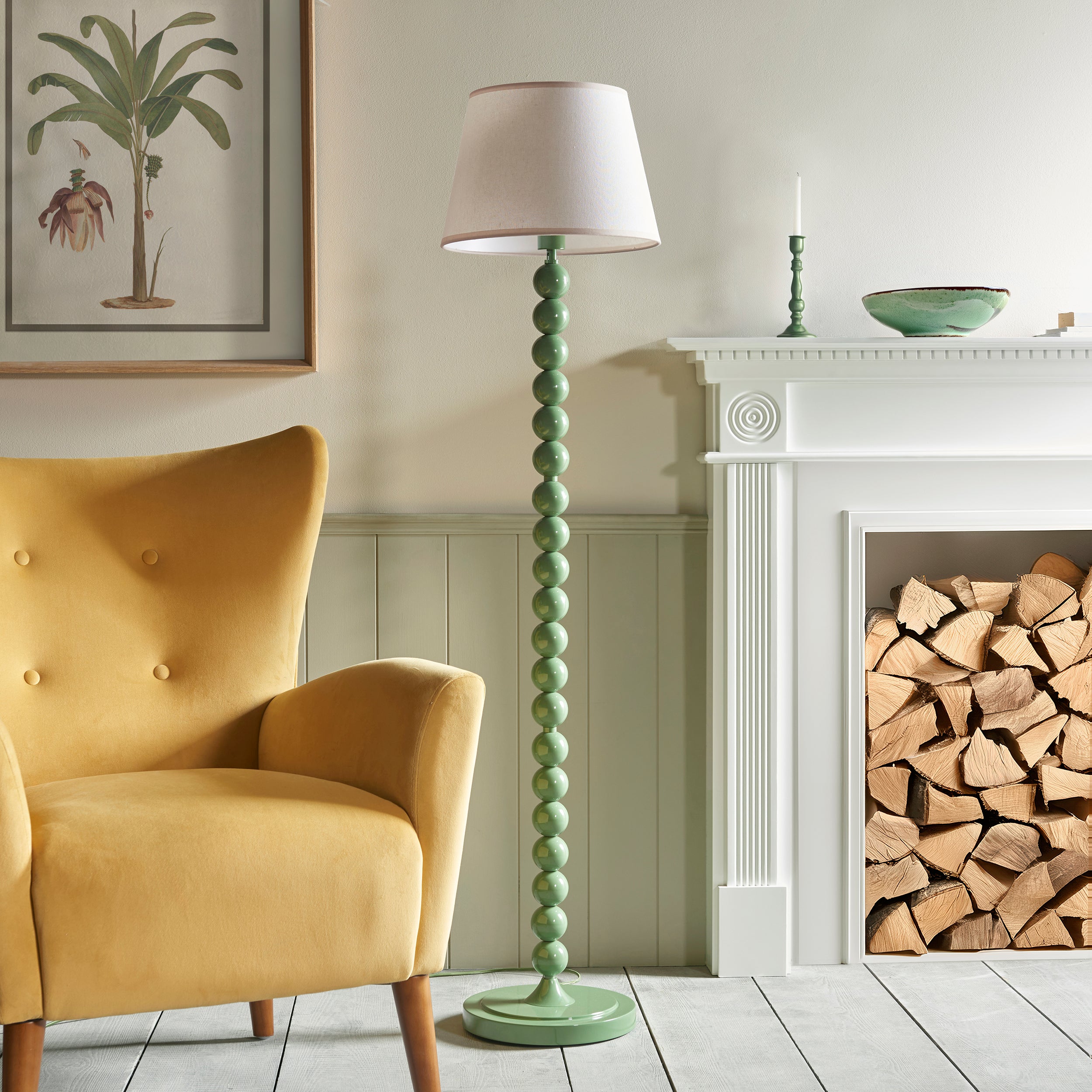 Endon Higgledy Gloss Cotswold Green Floor Lamp & Ivy 35cm Vintage White Shade