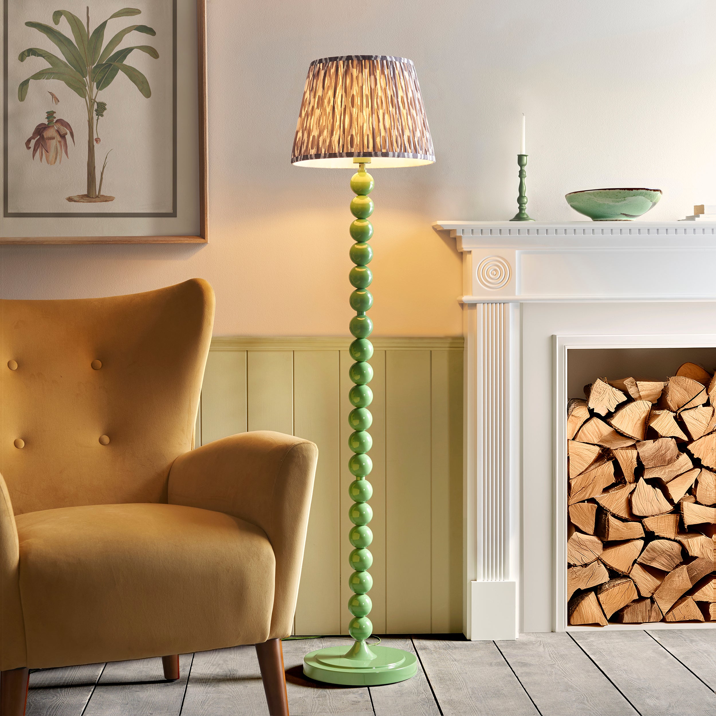 Endon Higgledy Gloss Cotswold Green Floor Lamp & Ikat 35cm Pearl Grey Shade