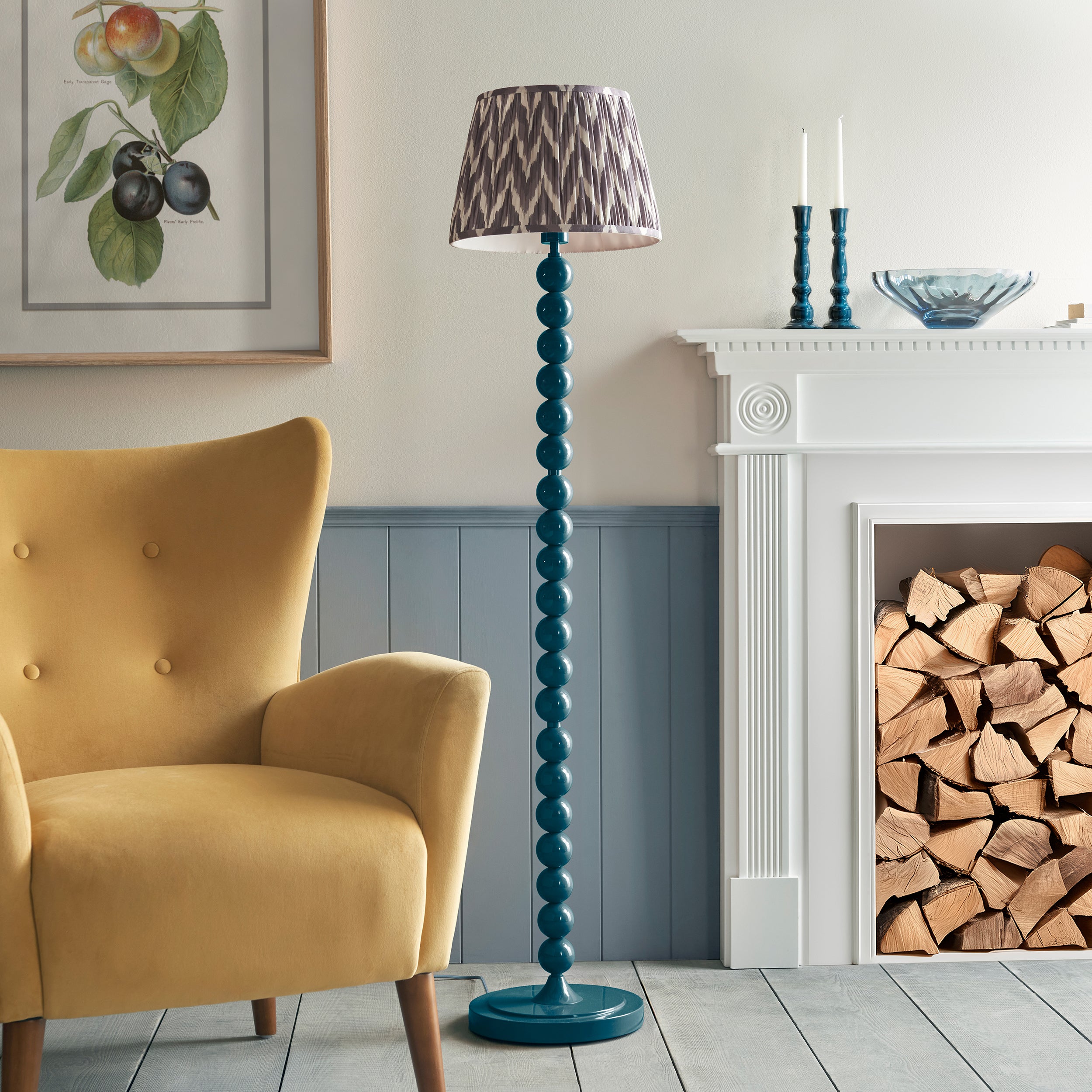 Endon Higgledy Gloss Marlin Blue Floor Lamp & Zigzag 35cm Pearl Grey Shade