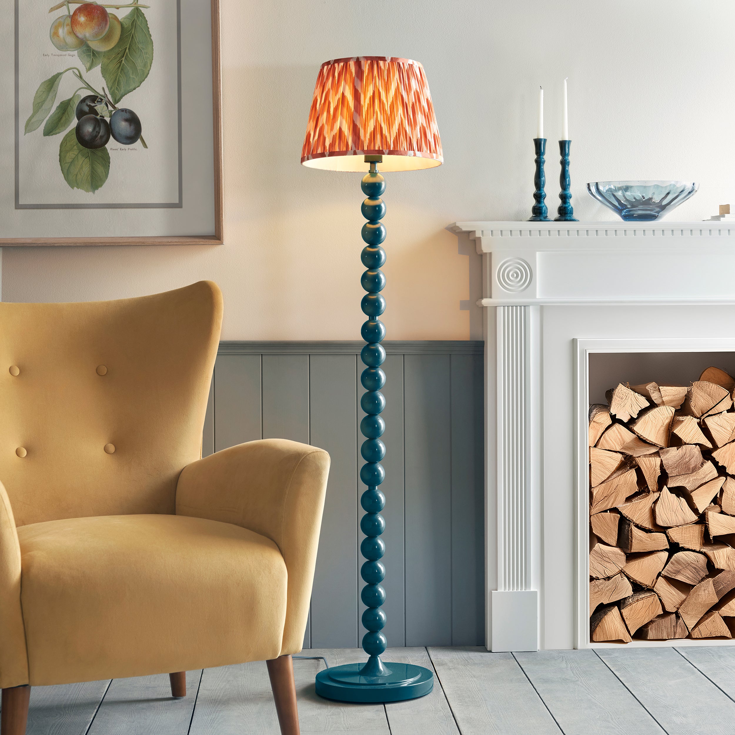Endon Higgledy Gloss Marlin Blue Floor Lamp & Zigzag 35cm Apricot Orange Shade