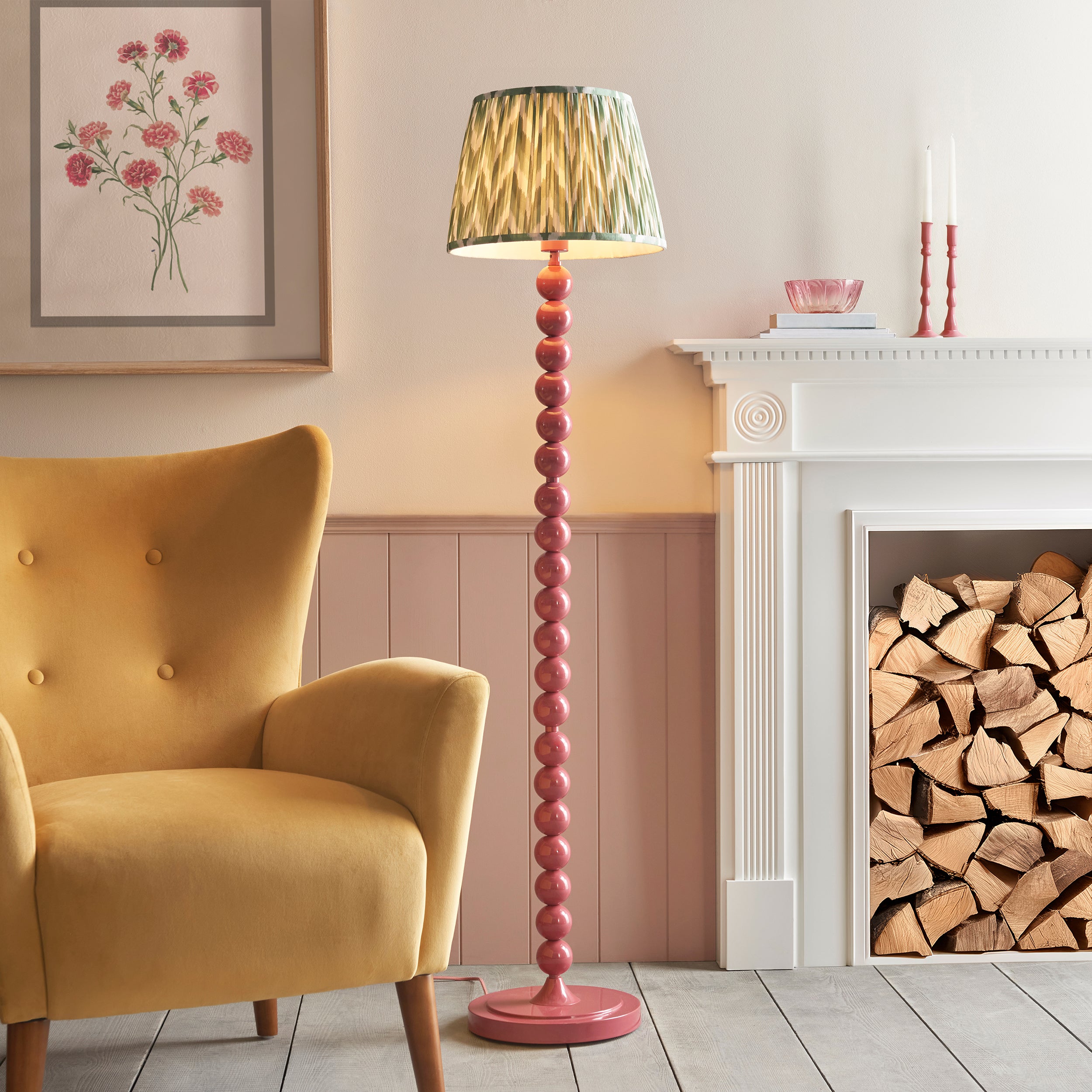 Endon Higgledy Gloss Pink Clay Floor Lamp & Zigzag 35cm Cotswold Green Shade