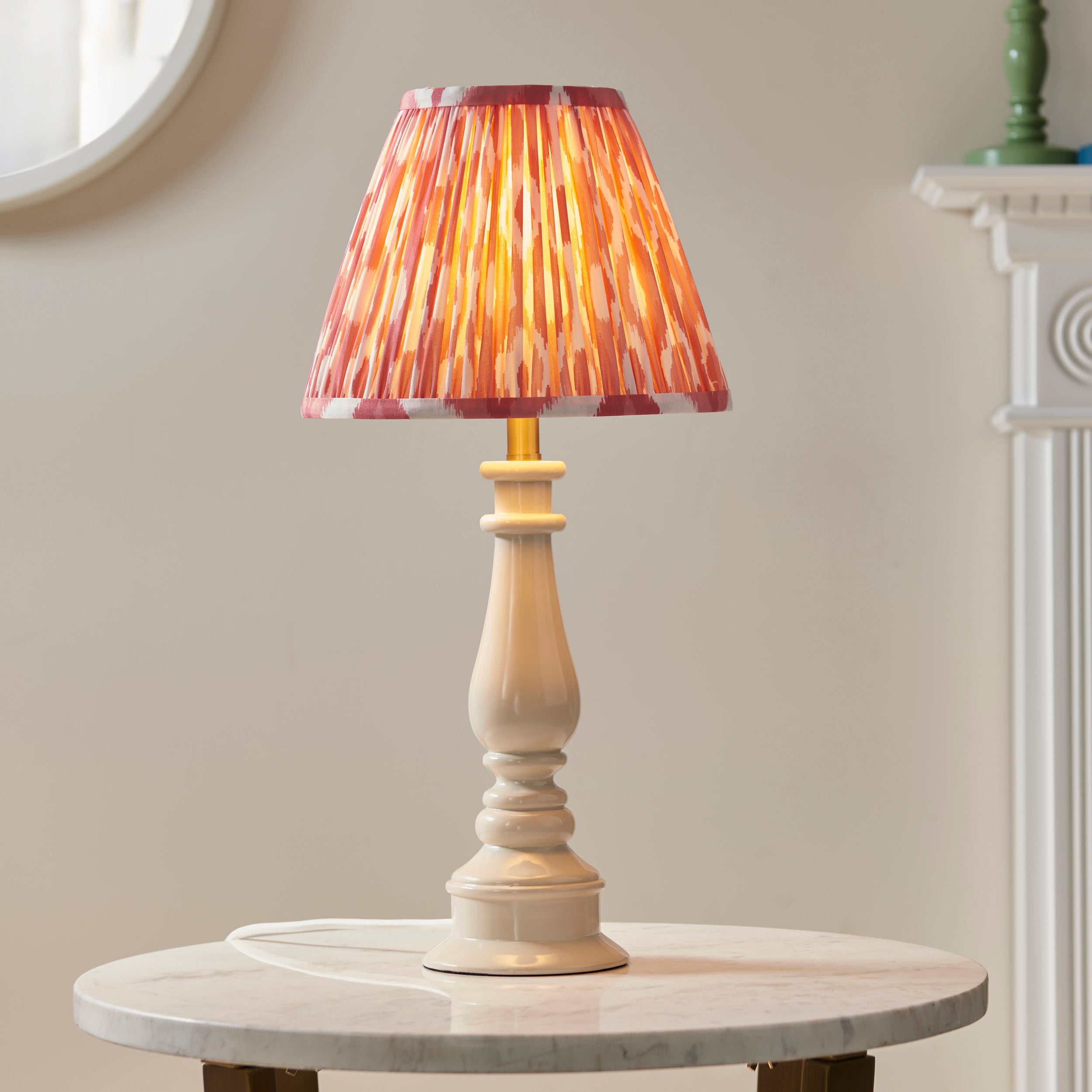 Endon Myrtle Gloss Almond White Table Lamp & Ikat 25cm Coral Pink Shade