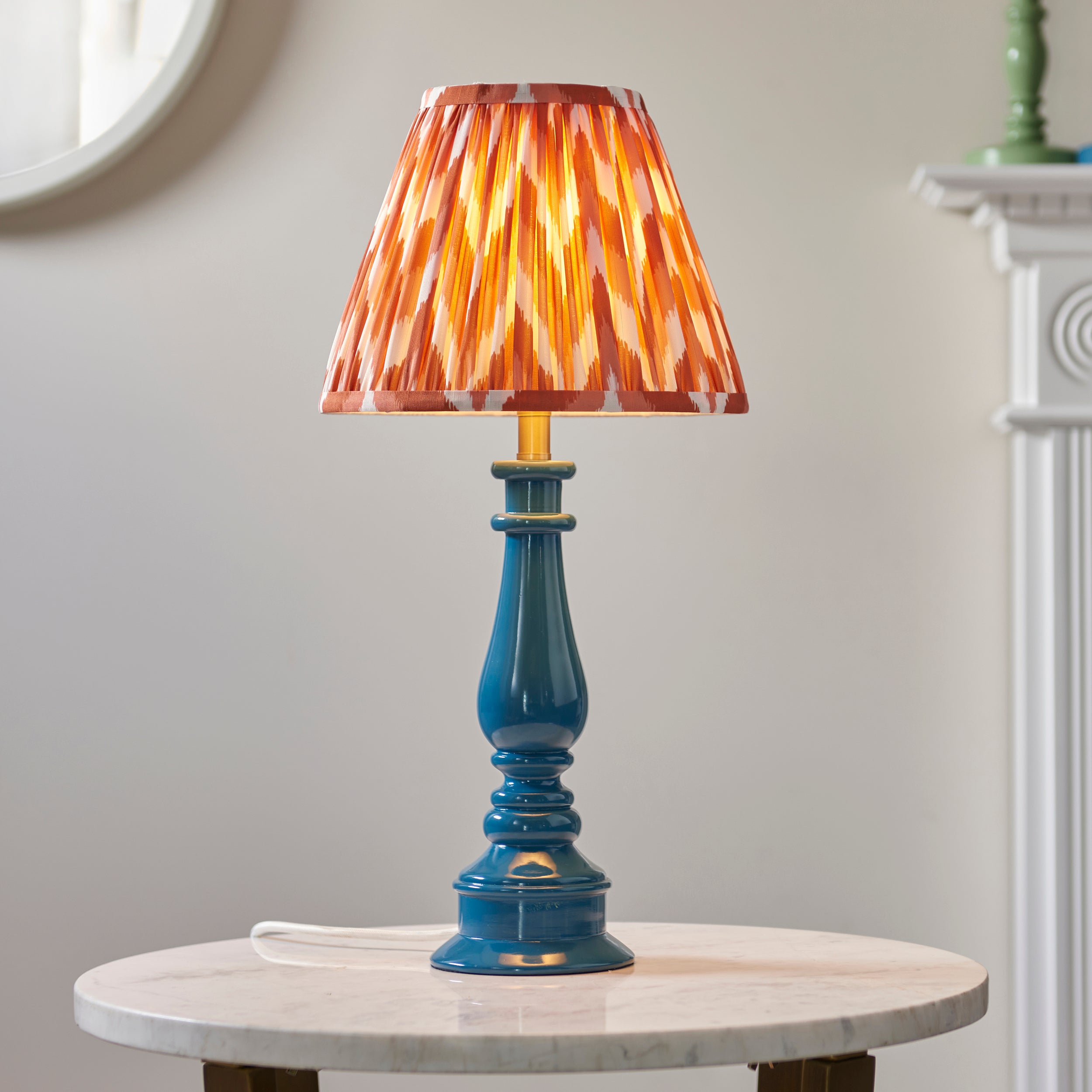 Endon Myrtle Gloss Marlin Blue Table Lamp & Zigzag 25cm Apricot Orange Shade