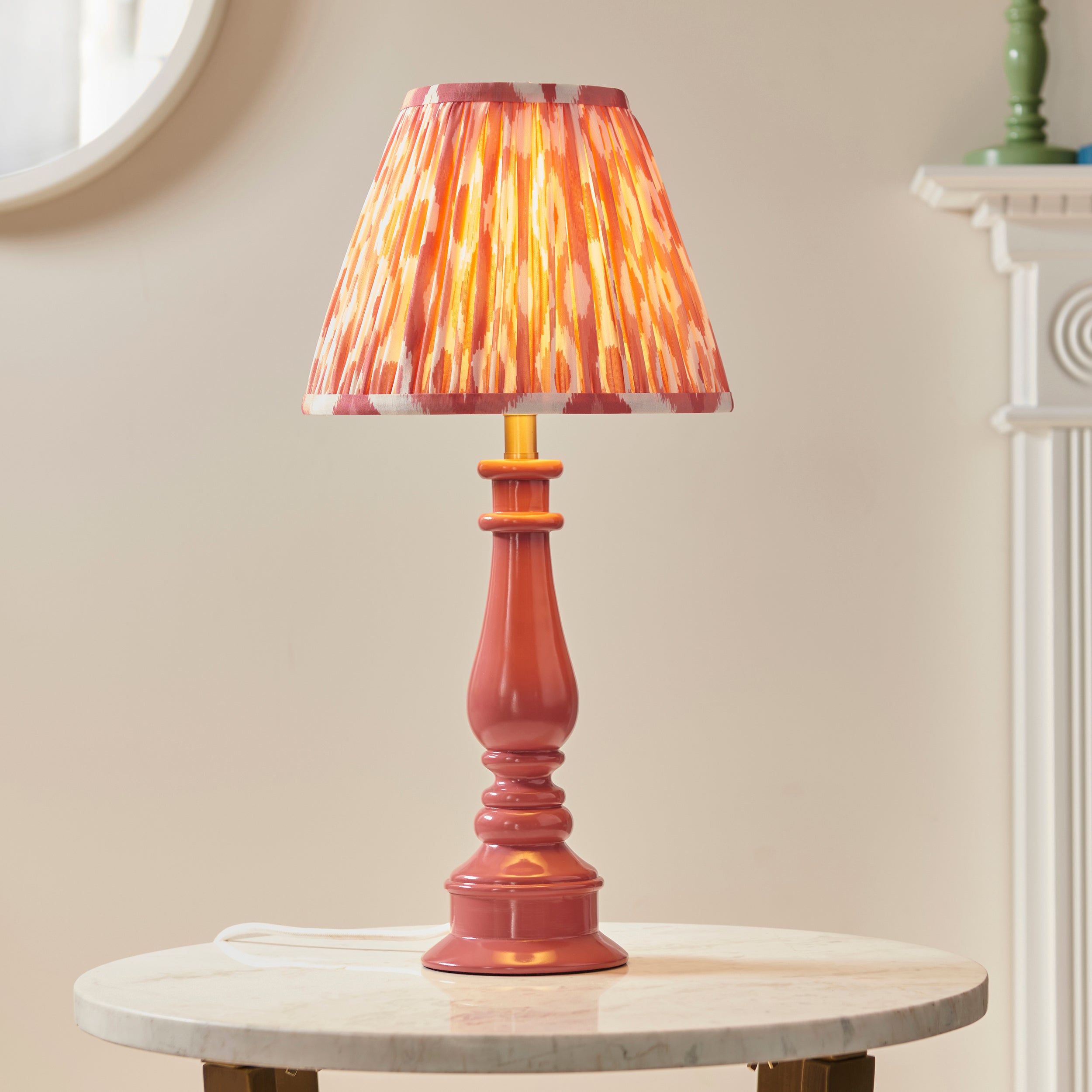Endon Myrtle Gloss Pink Clay Table Lamp & Ikat 25cm Coral Pink Shade