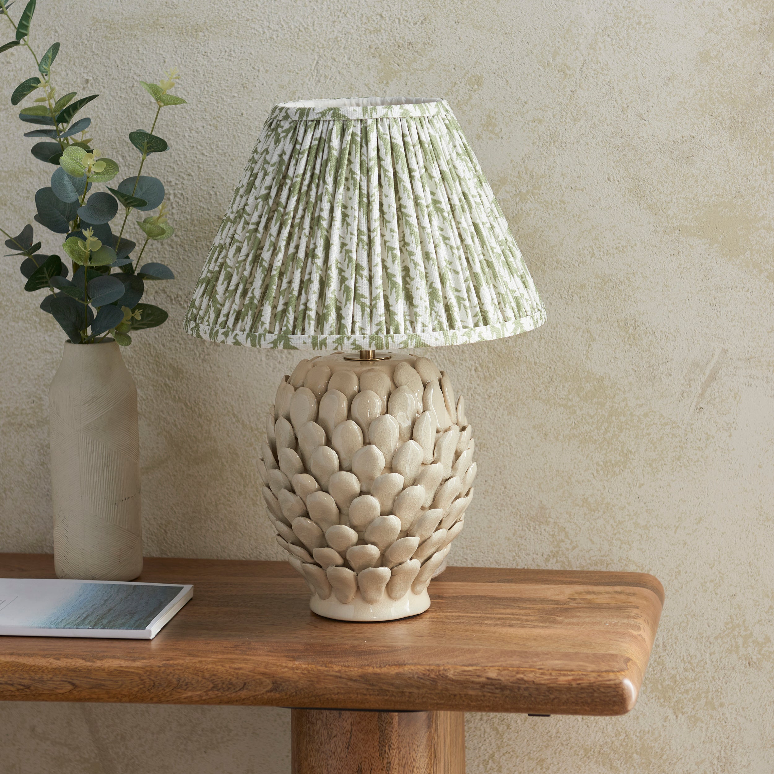 Endon Layered Leaf Ivory Crackle Glaze Ceramic Table Lamp - Leaf 30cm Herb Garden Green Shade