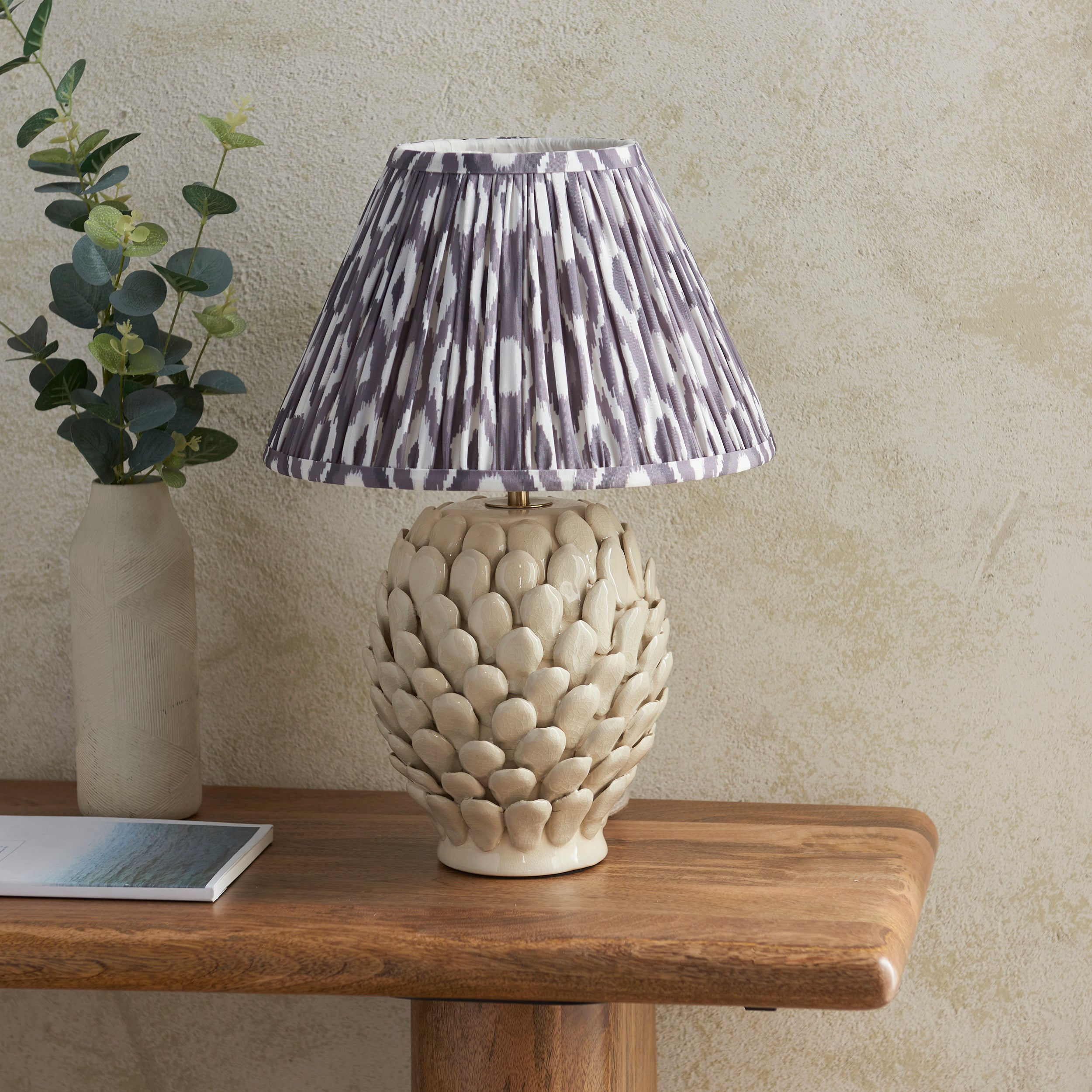 Endon Layered Leaf Ivory Crackle Glaze Ceramic Table Lamp & Ikat 30cm Pearl Grey Shade