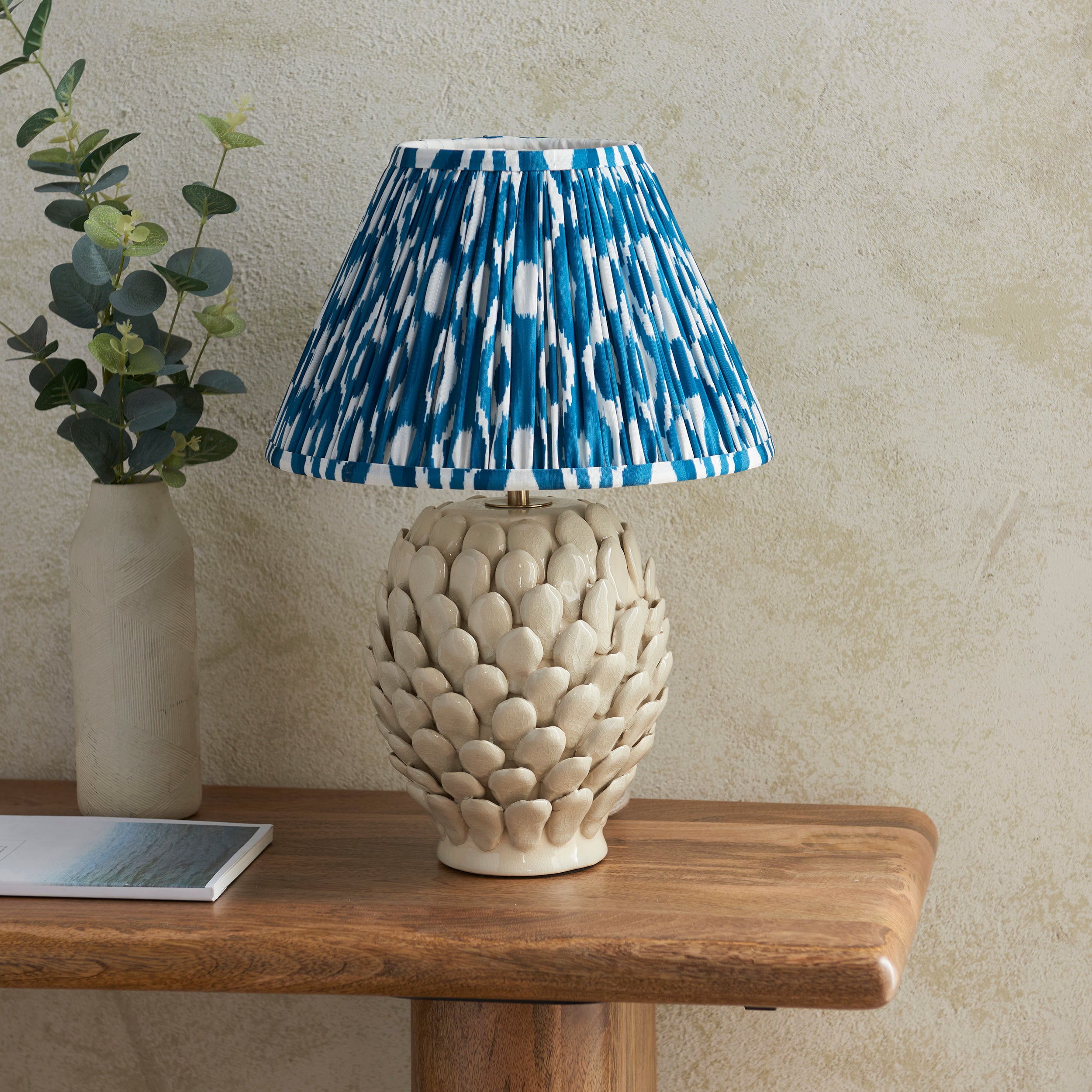 Endon Layered Leaf Ivory Crackle Glaze Ceramic Table Lamp & Ikat 30cm Marlin Blue Shade