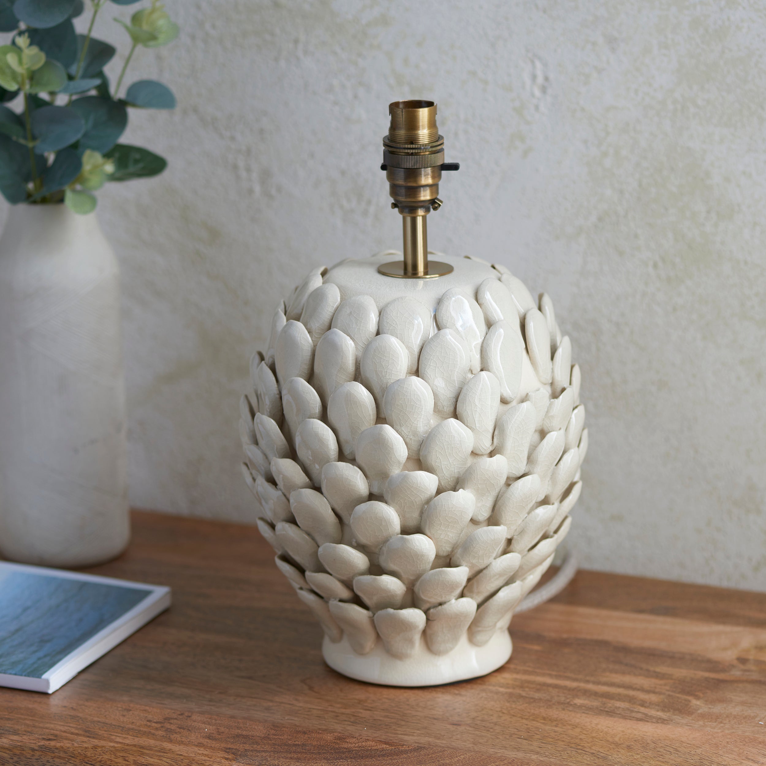 Endon Layered Leaf Ivory Crackle Glaze Ceramic Table Lamp & Ikat 30cm Marlin Blue Shade