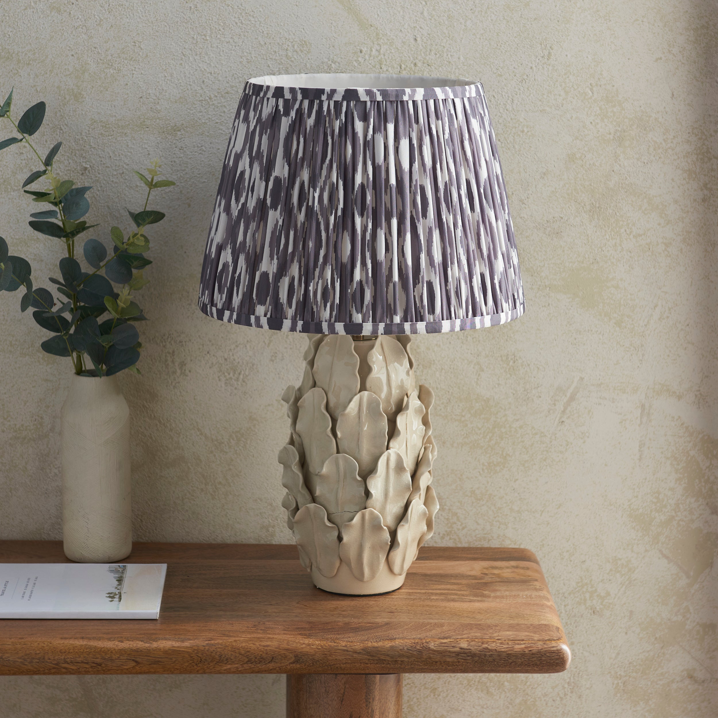 Endon Layered Leaf Ivory Crackle Glaze Ceramic Table Lamp & Ikat 35cm Pearl Grey Shade