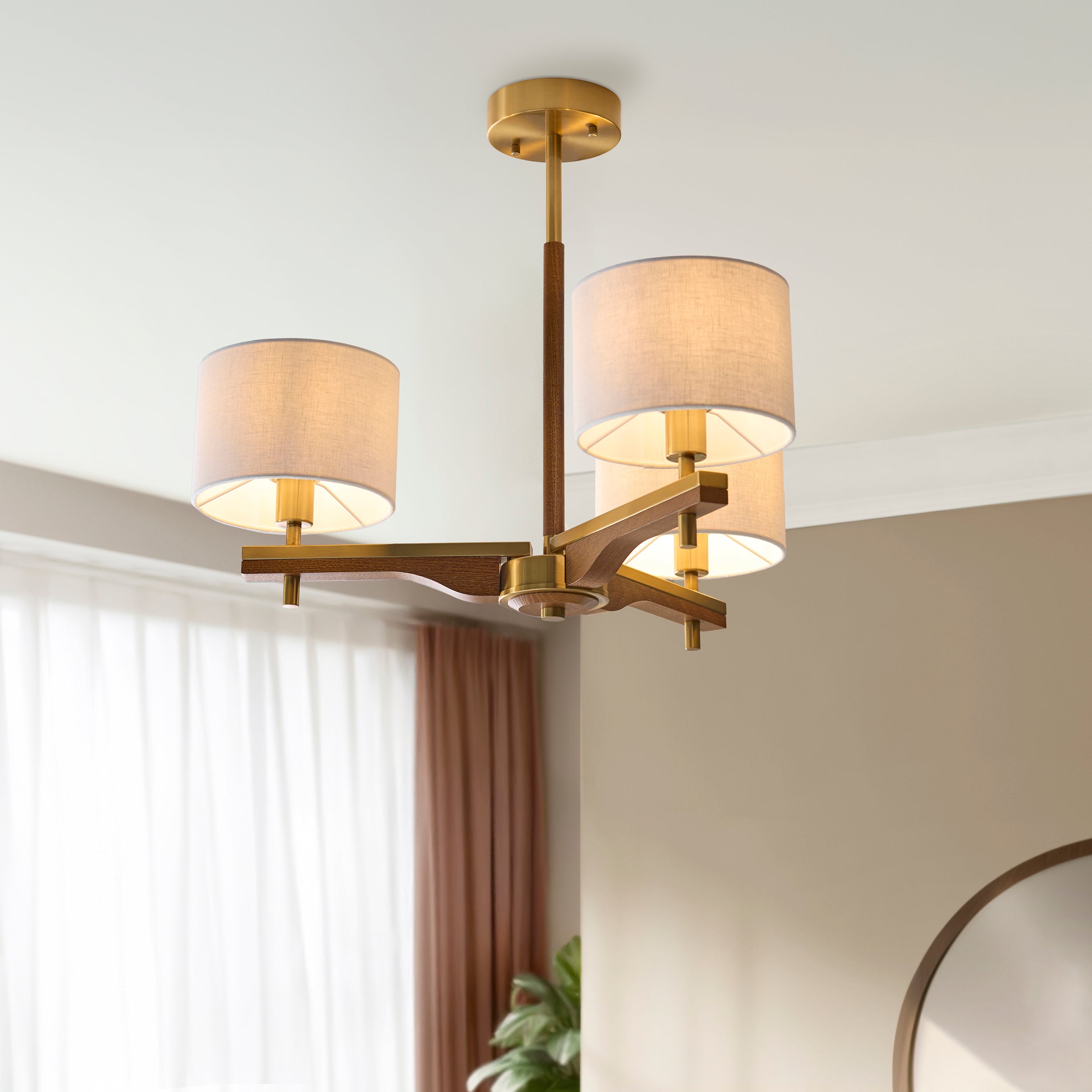 Endon Heathcliff 3 Light Semi-Flush Ceiling Light - Brushed Aged Brass Plate, Oak Stained Wood & Natural Faux Linen