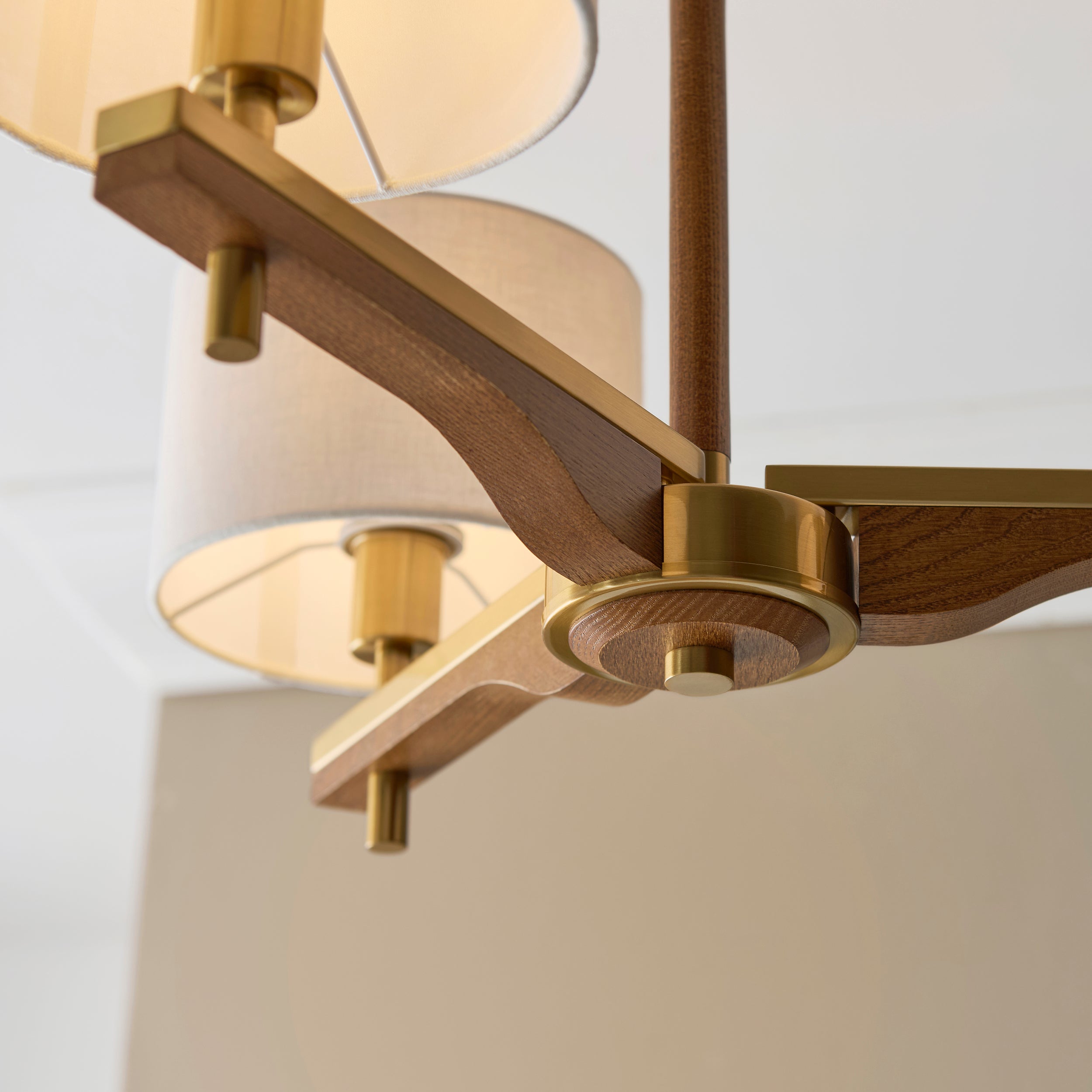 Endon Heathcliff 3 Light Semi-Flush Ceiling Light - Brushed Aged Brass Plate, Oak Stained Wood & Natural Faux Linen